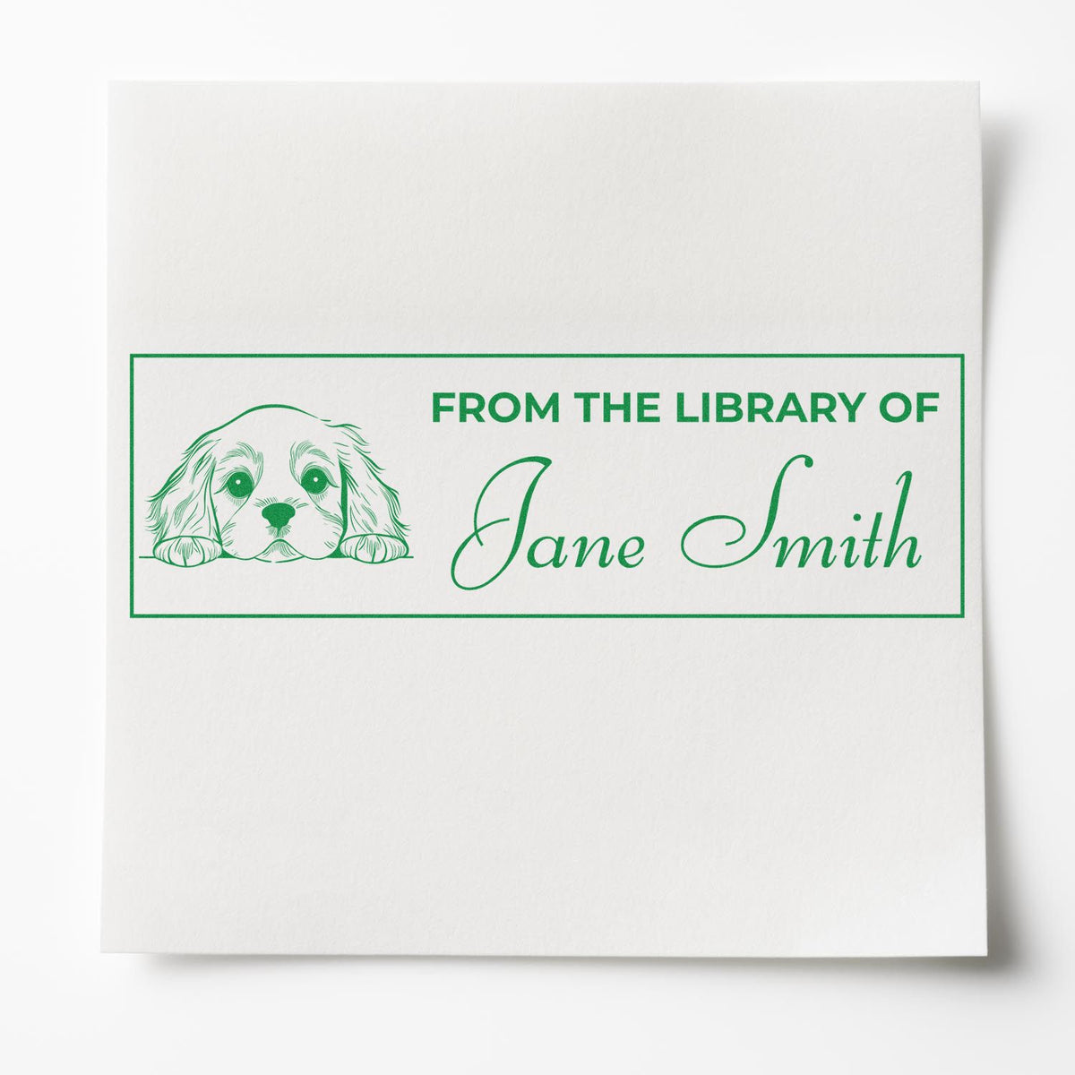 Custom rubber bookplate stamp with dog illustration and From the Library of Jane Smith for personalized book collections.