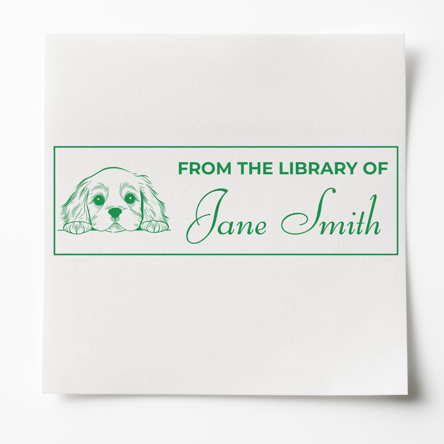 Personalized rubber stamp bookplate with dog illustration, reading From the Library of Jane Smith for marking personal books.