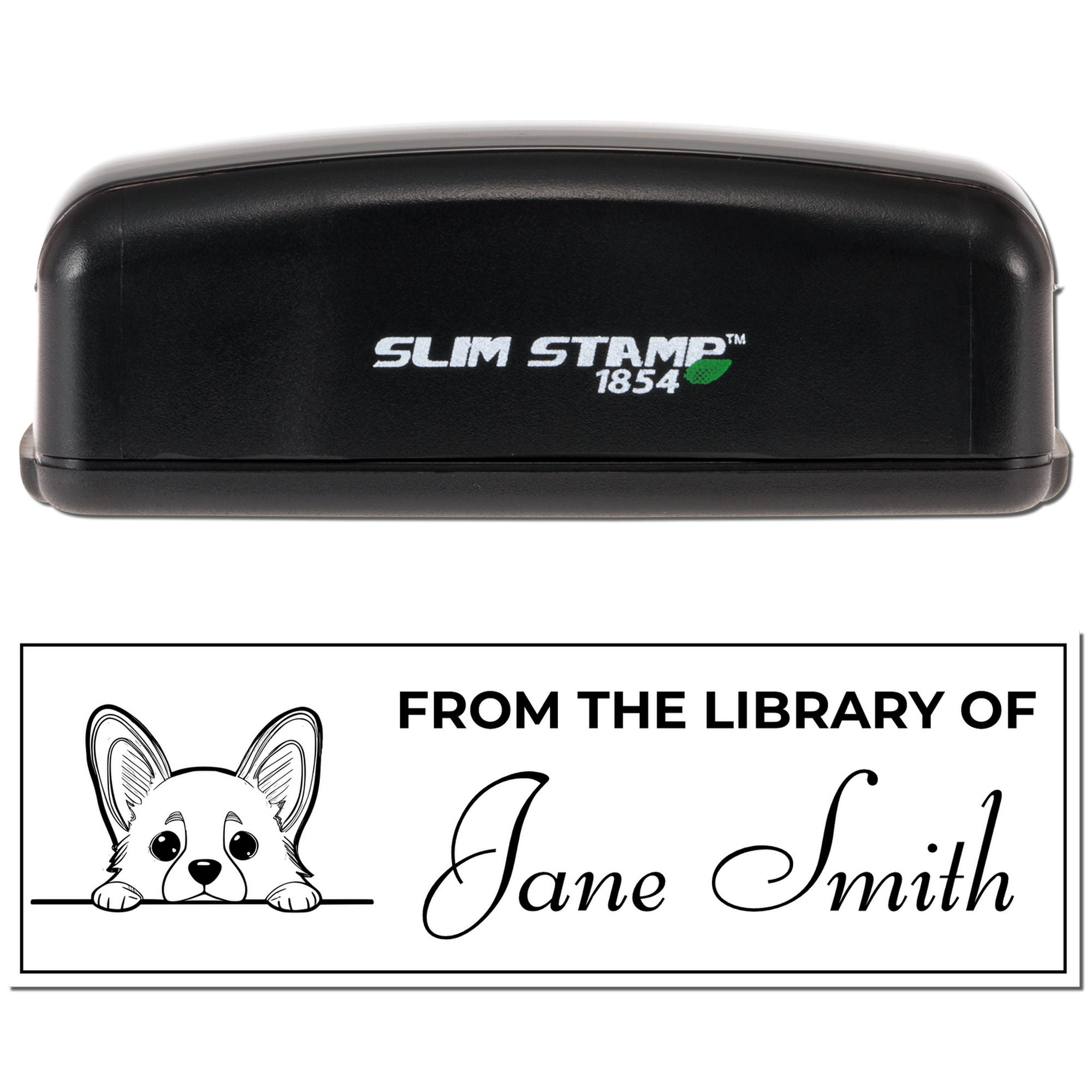 Personalized Corgi Book Peeking Puppy Slim Pre-Inked Stamp