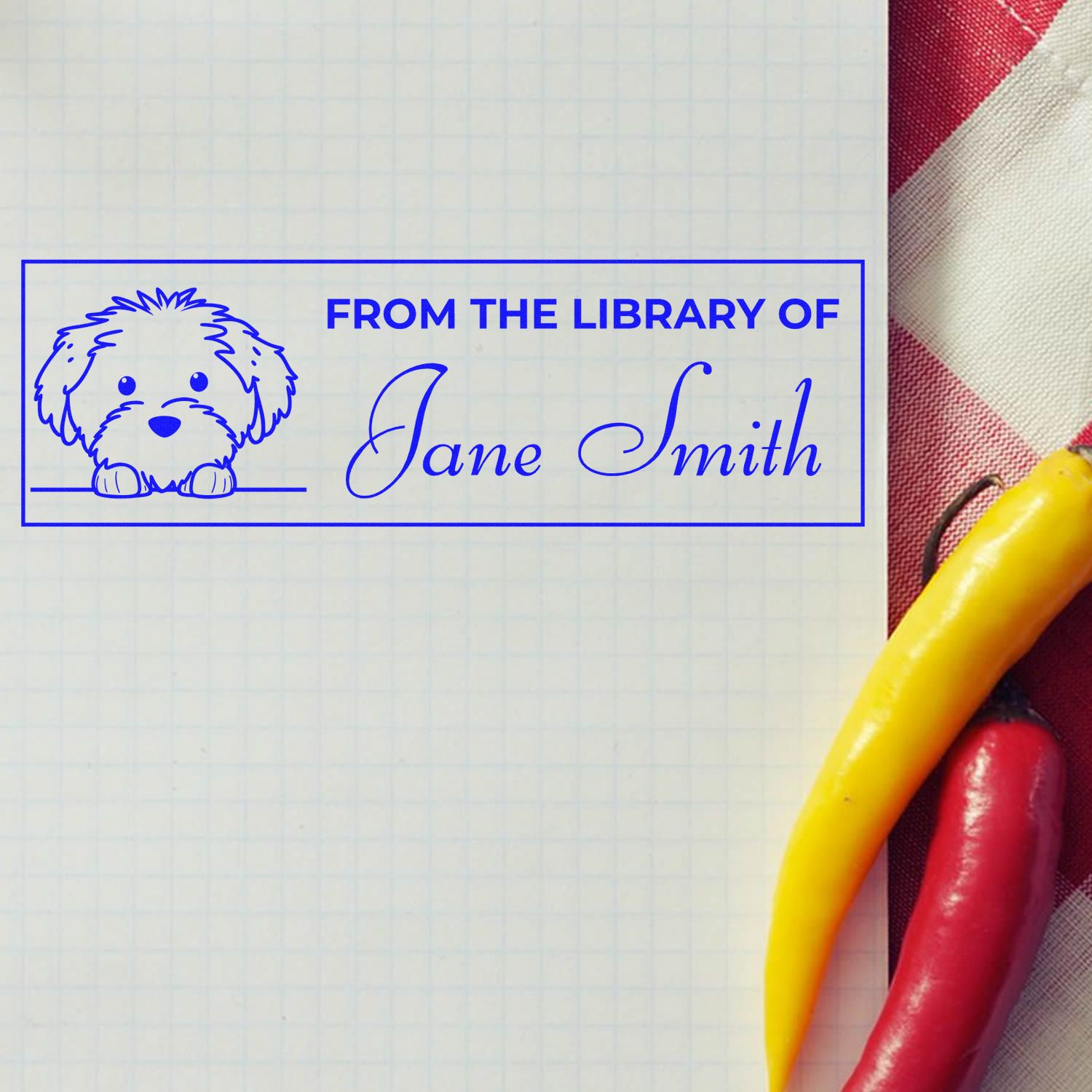 Personalized dog book stamp reading From the Library of Jane Smith, ideal for custom bookplates and library labeling.