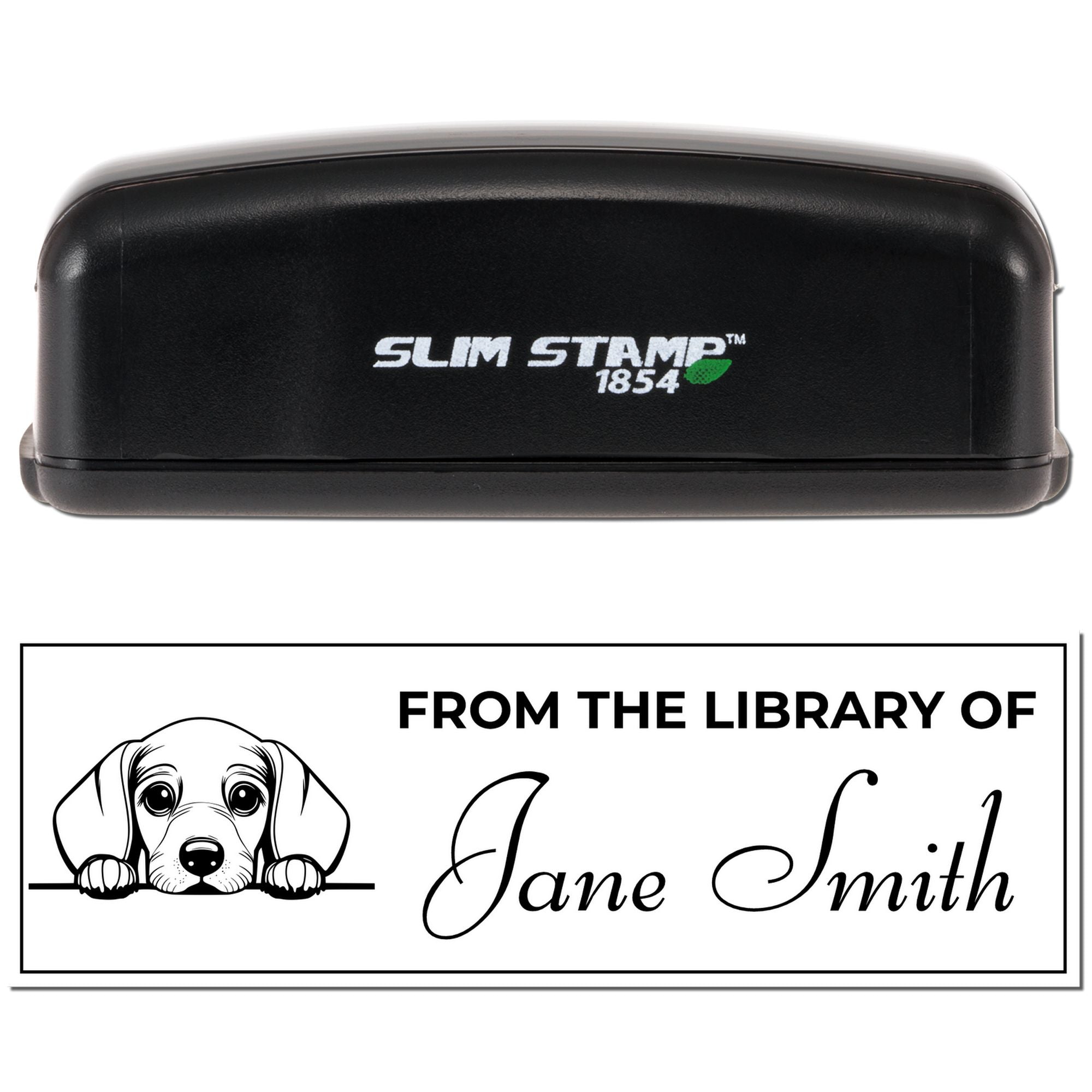 Slim Stamp 1854 self-inking rubber stamp for custom library books with dog design and From the Library of Jane Smith imprint.