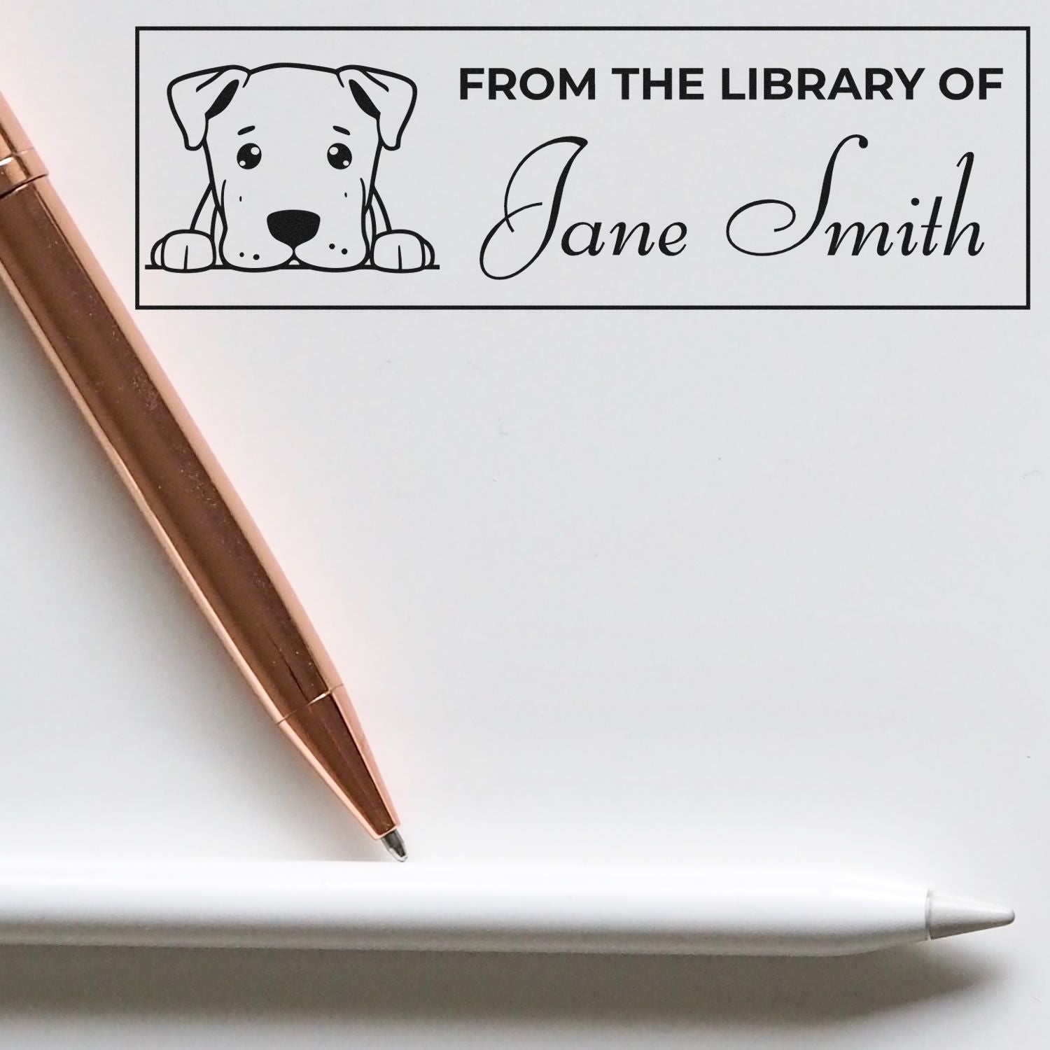 Personalized From the Library of Jane Smith rubber stamp with dog icon, ideal for custom bookplates and library marking.