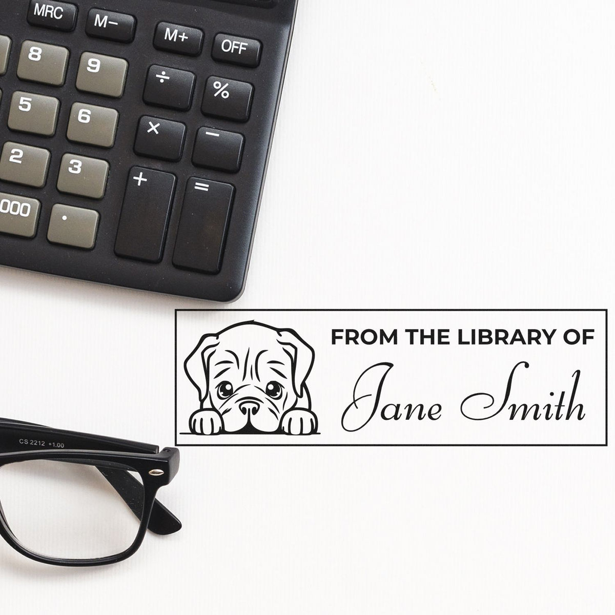 Custom library rubber stamp with dog illustration and Jane Smith name, ideal for personalized book stamping.