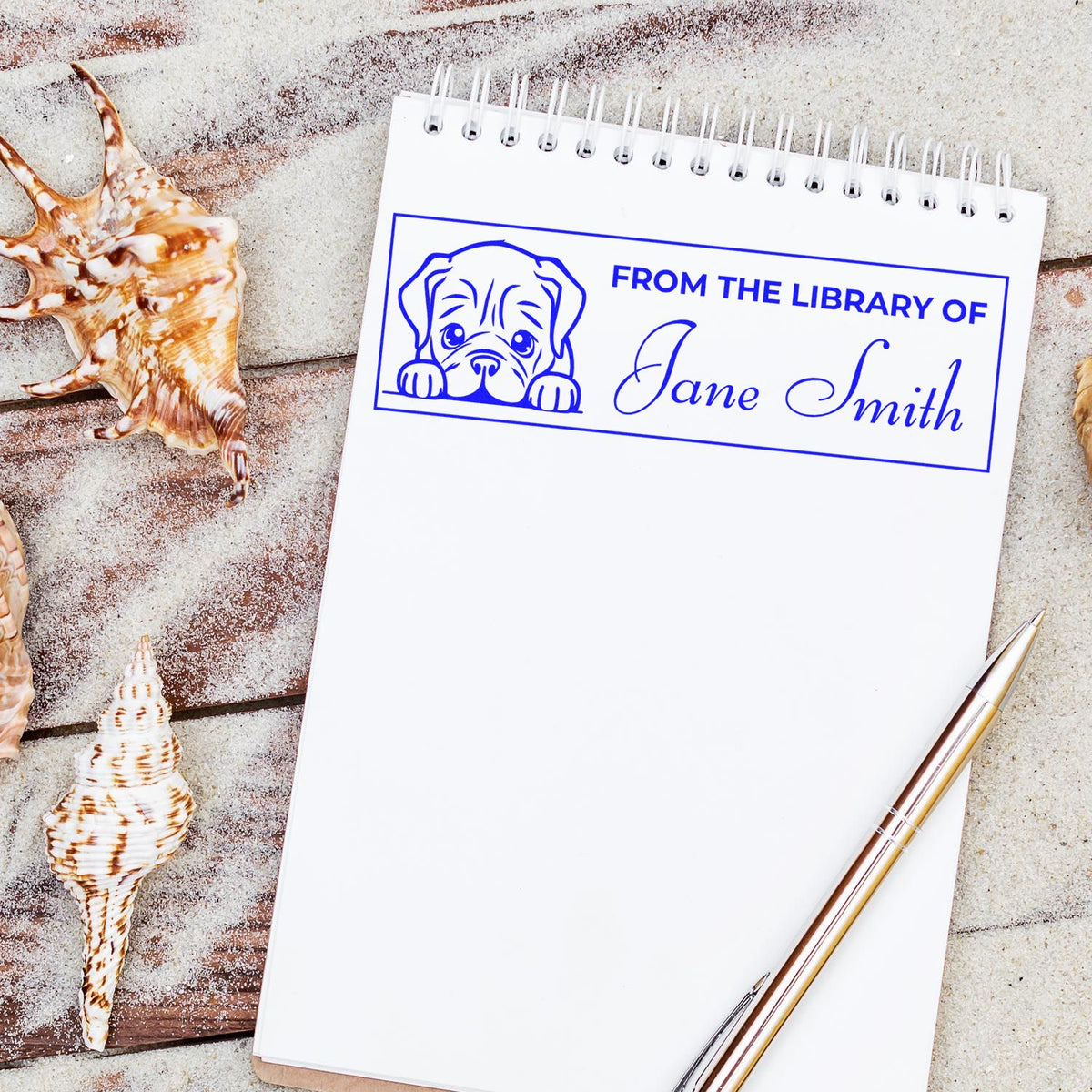 Custom dog From the Library of rubber stamp on notebook, personalized book stamp for Jane Smith.