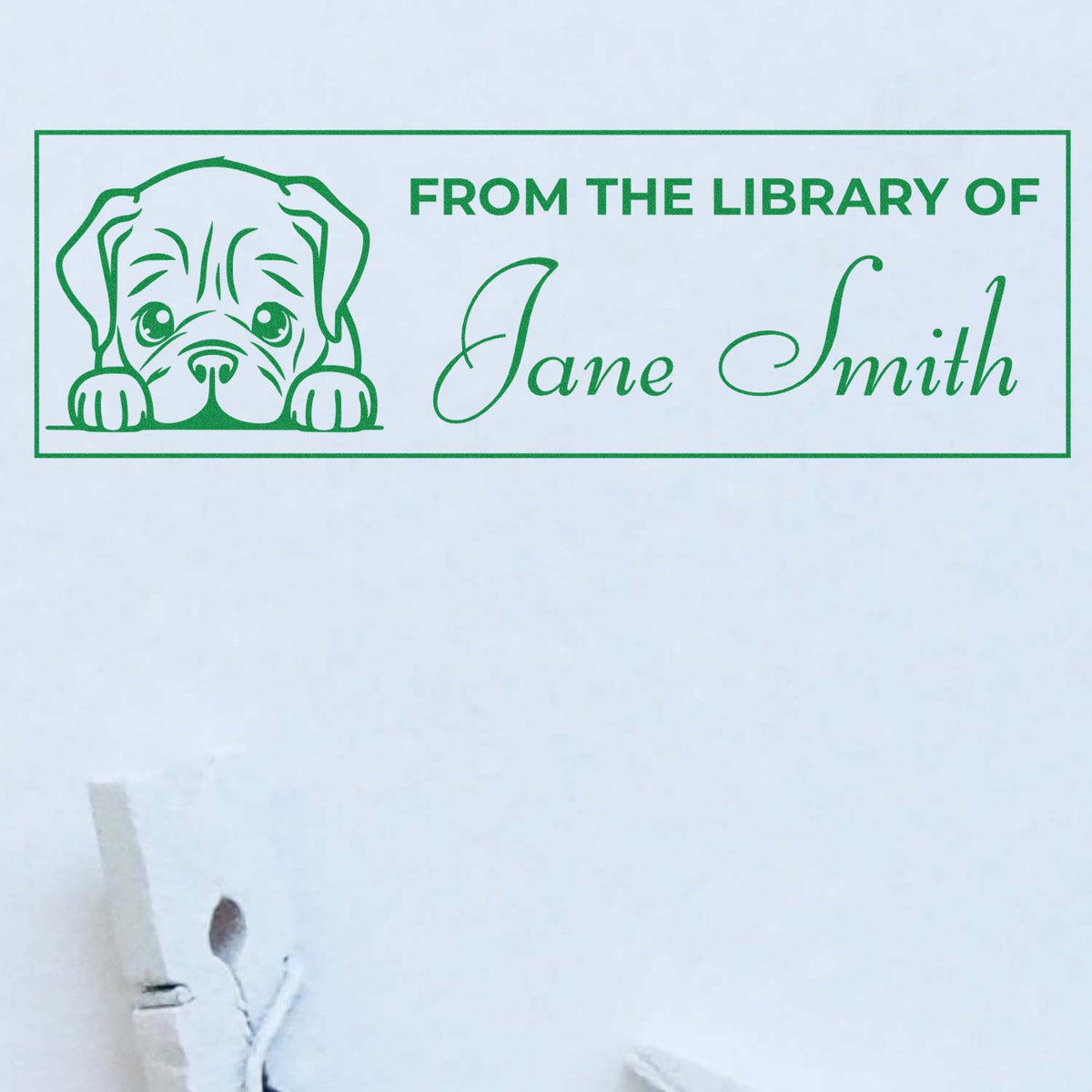 Personalized rubber stamp for books with puppy graphic and From the Library of Jane Smith custom ownership text