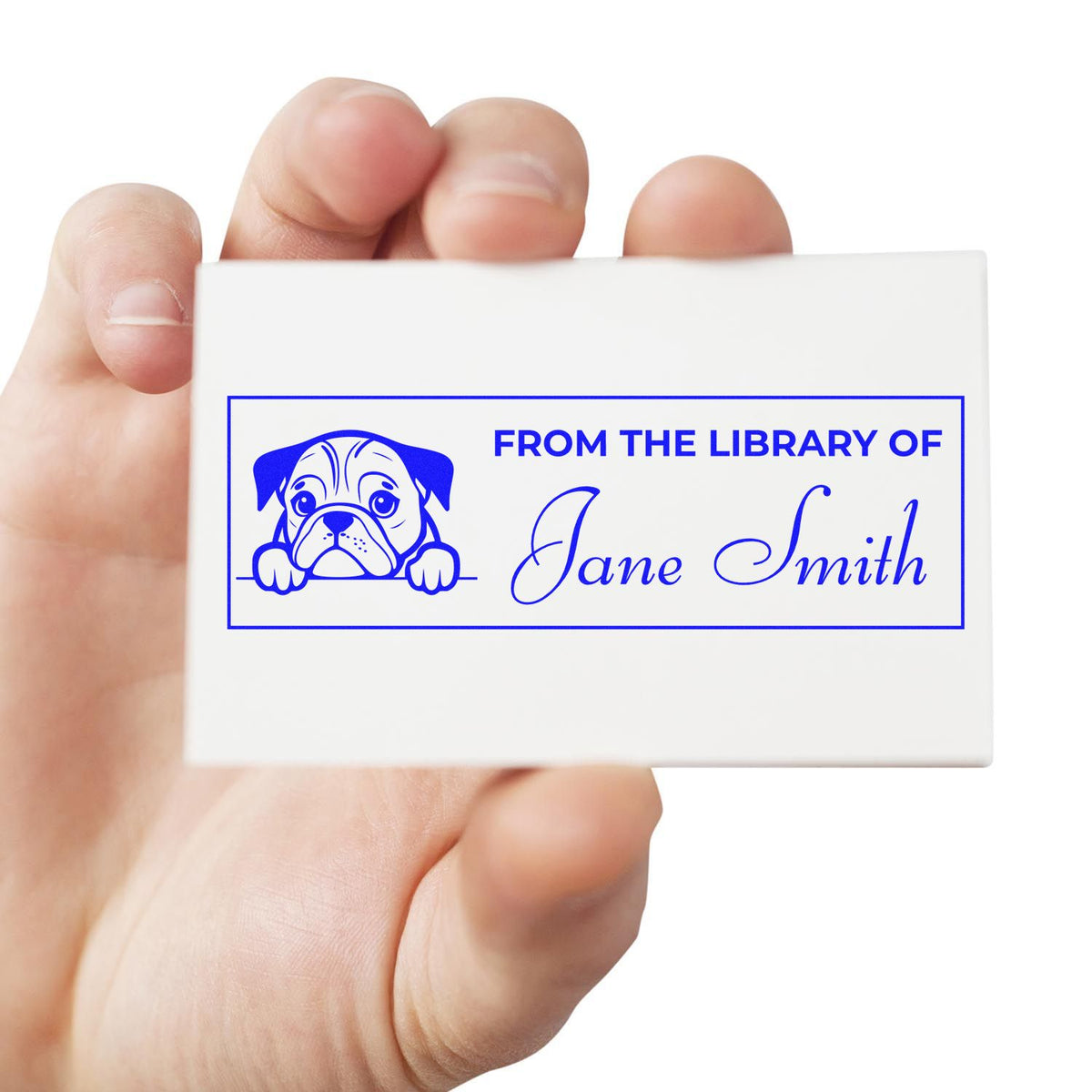 Custom rubber library stamp with bulldog design and personalized From the Library of Jane Smith book label.