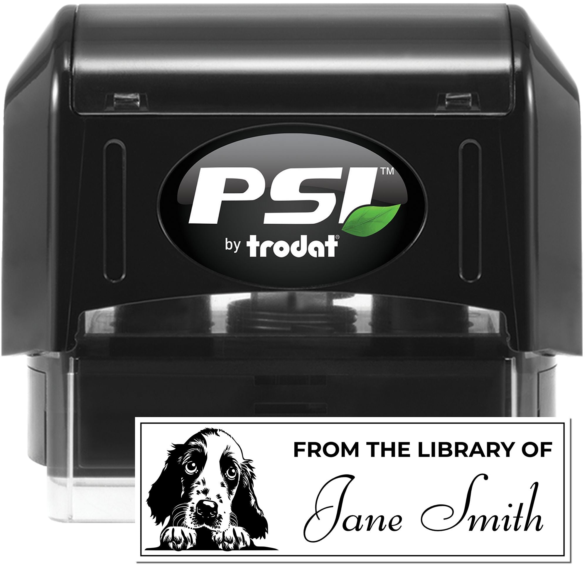 Custom self-inking rubber stamp for books, personalized From the Library of Jane Smith with dog illustration.