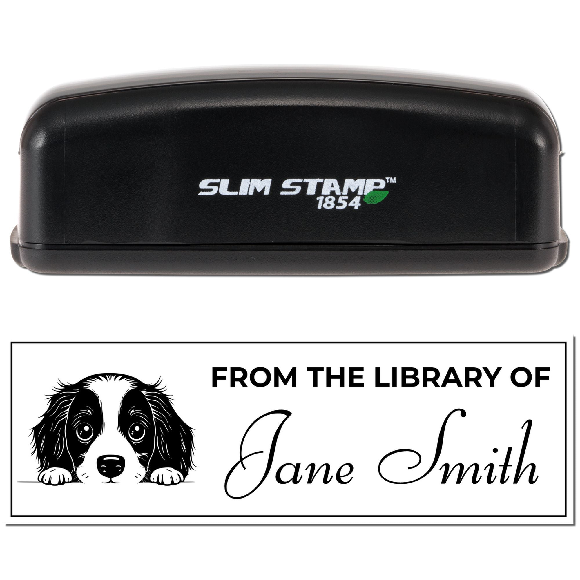 Personalized dog library rubber stamp with From the Library of Jane Smith text, Slim Stamp 1854, for book labels.