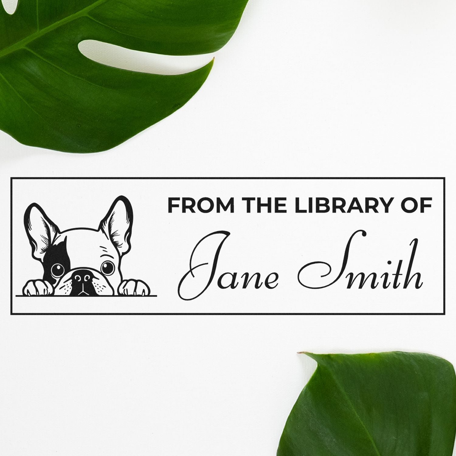 Personalized From the Library of Jane Smith rubber stamp with French bulldog design for books and stationery.
