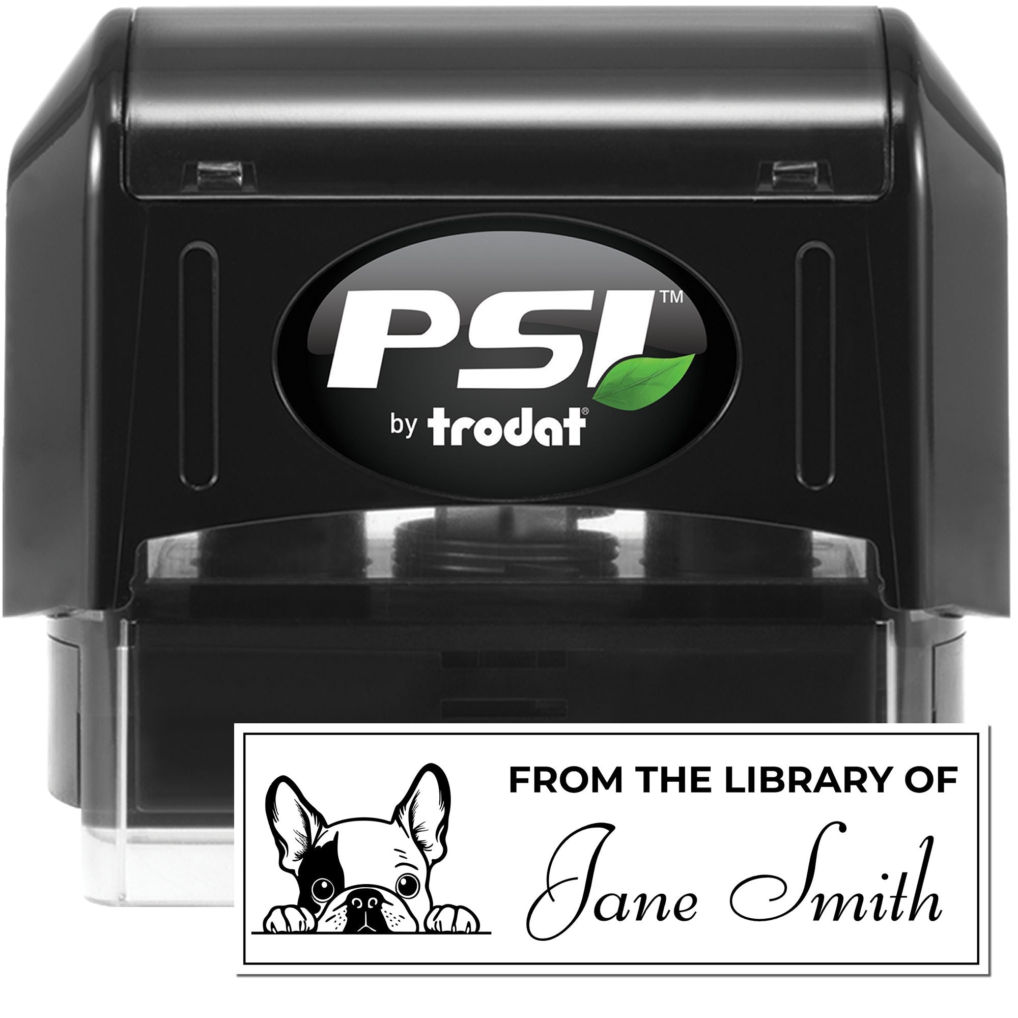Self-inking PSI by Trodat rubber stamp with custom From the Library of Jane Smith dog design for books and stationery
