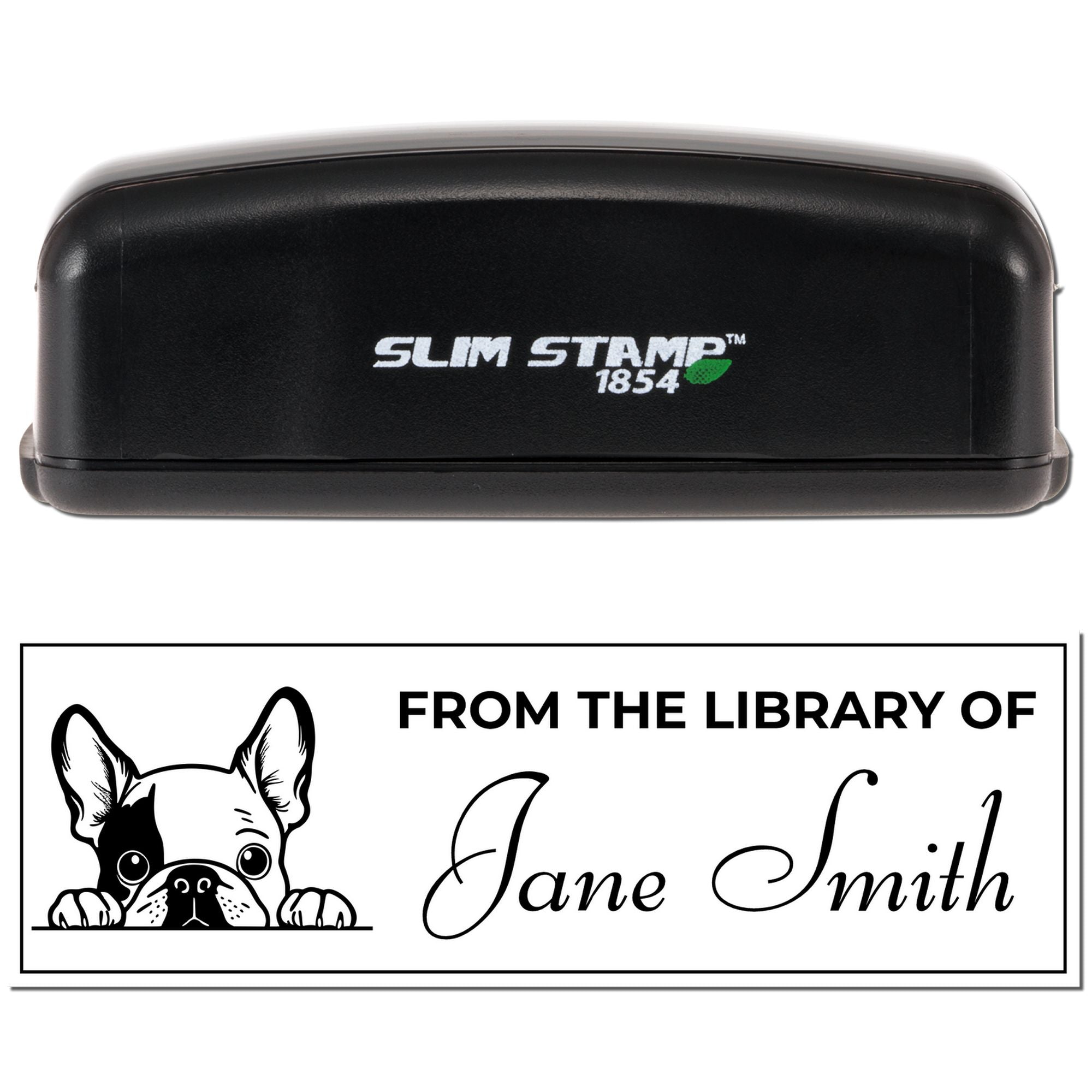 Custom rubber library stamp with dog design and From the Library of Jane Smith text, Slim Stamp 1854 self-inking stamp.