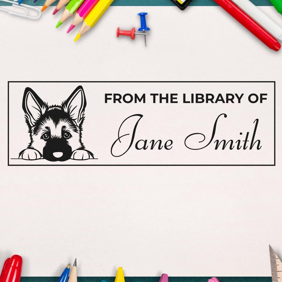 Personalized rubber stamp bookplate for books, featuring From the Library of Jane Smith and a dog illustration.