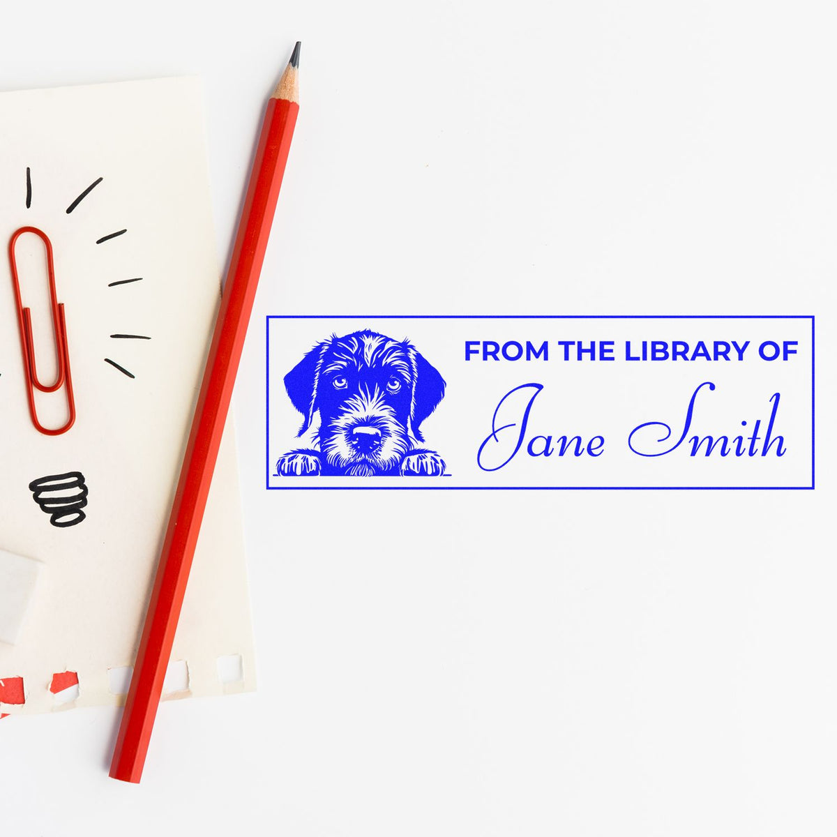 Personalized dog book stamp reading From the Library of Jane Smith for marking books and library collections