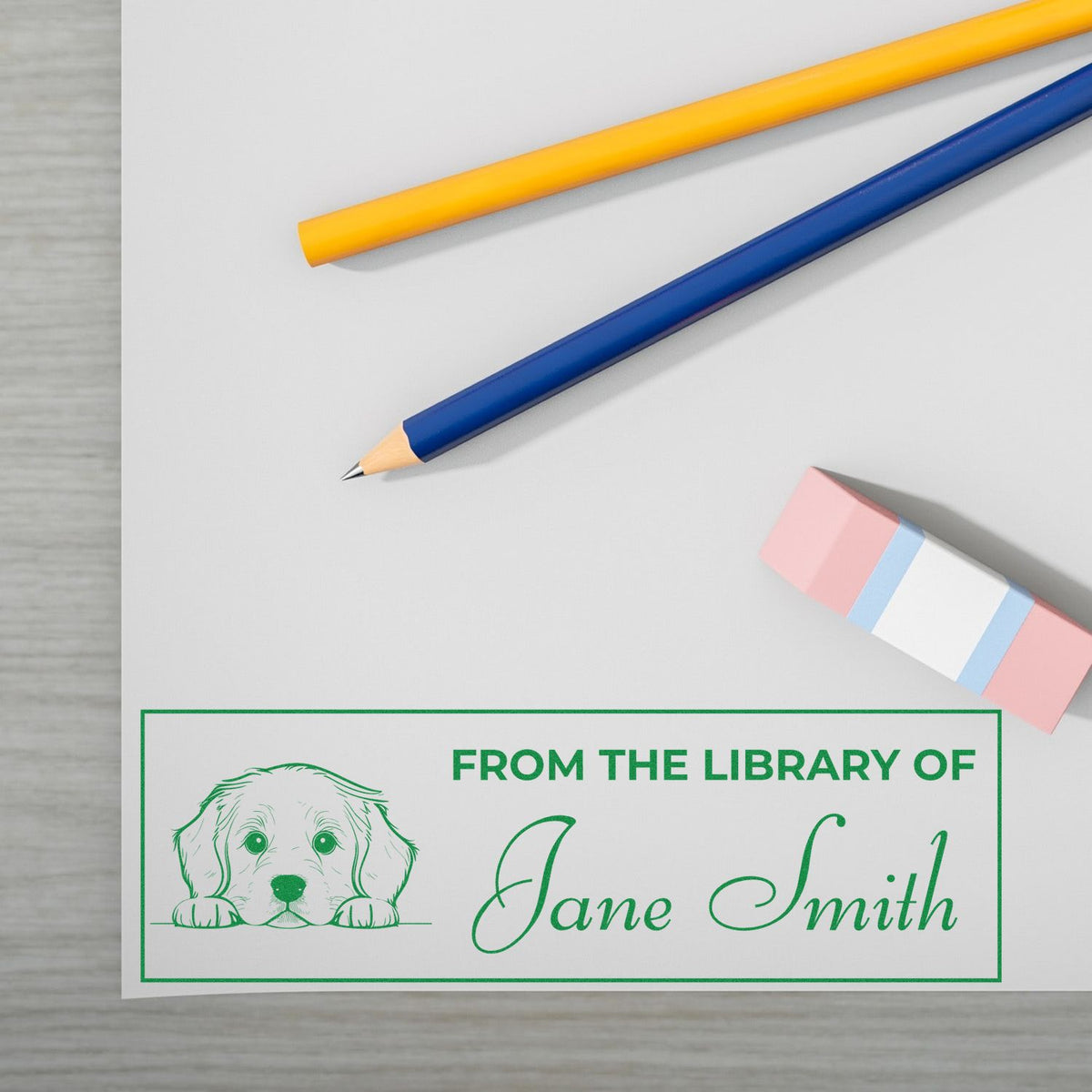 Custom pet-themed library rubber stamp for Jane Smith, ideal for marking books and bookplates.