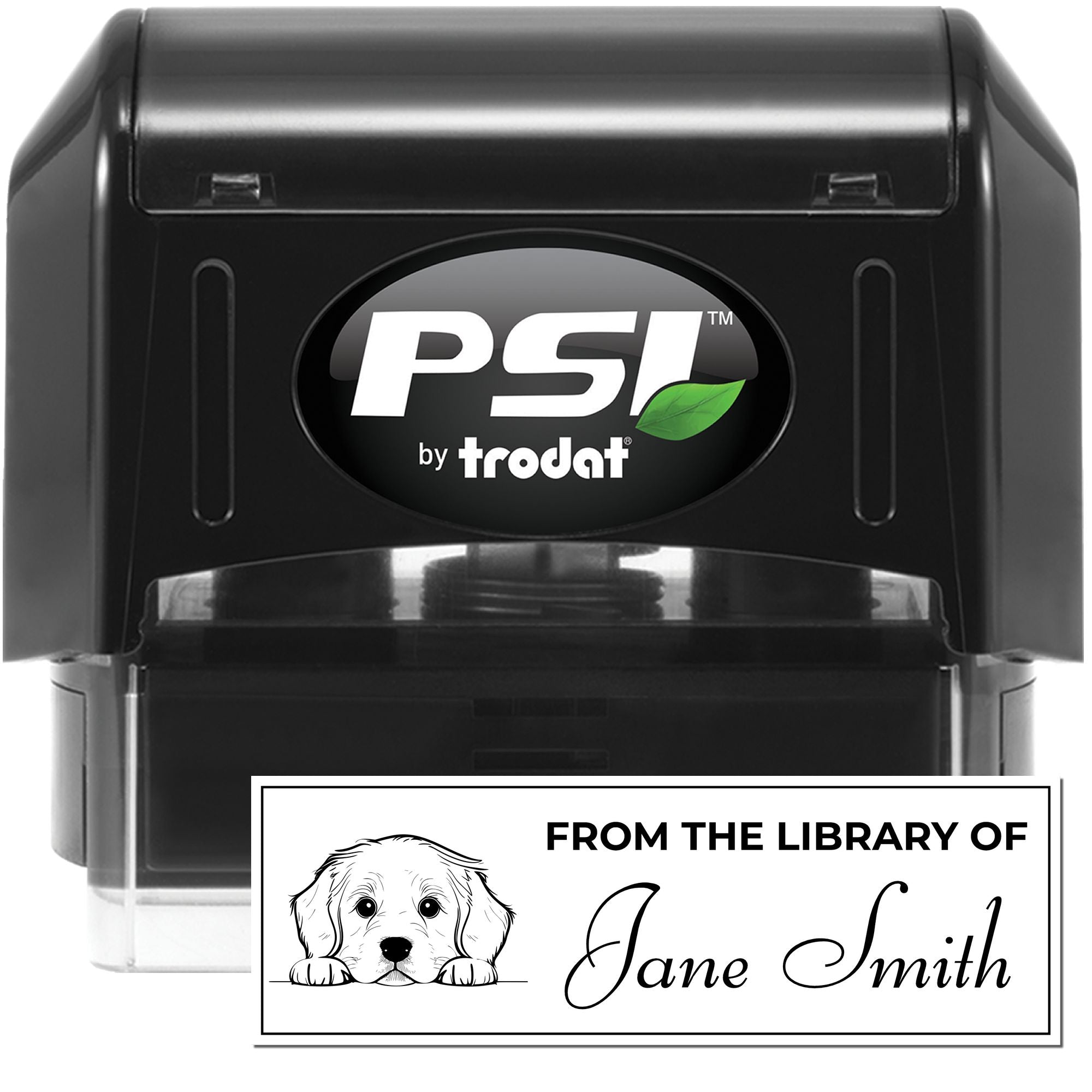 PSI by Trodat self-inking rubber stamp with custom From the Library of Jane Smith puppy design for personalized library marking