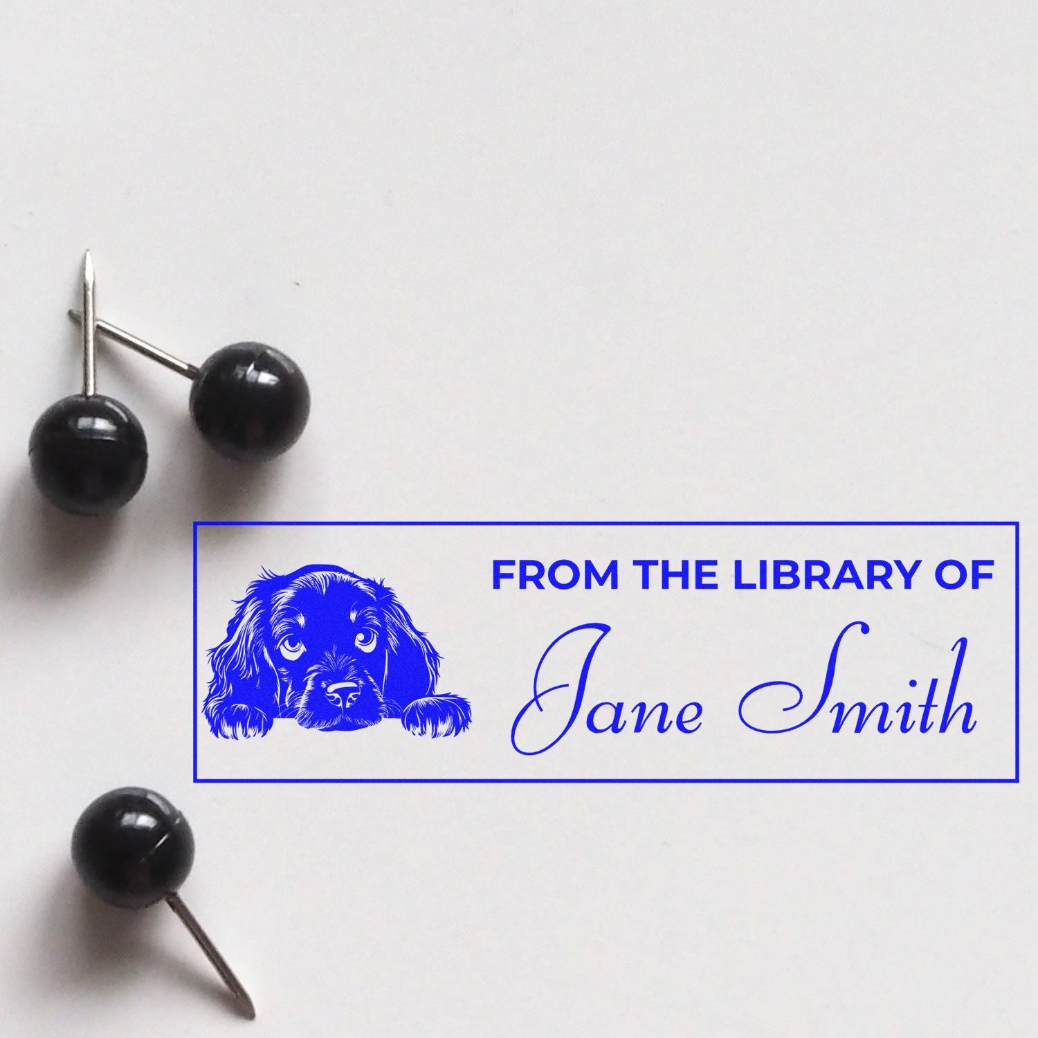 Custom rubber book stamp with dog illustration and From the Library of Jane Smith text for personal library labeling.