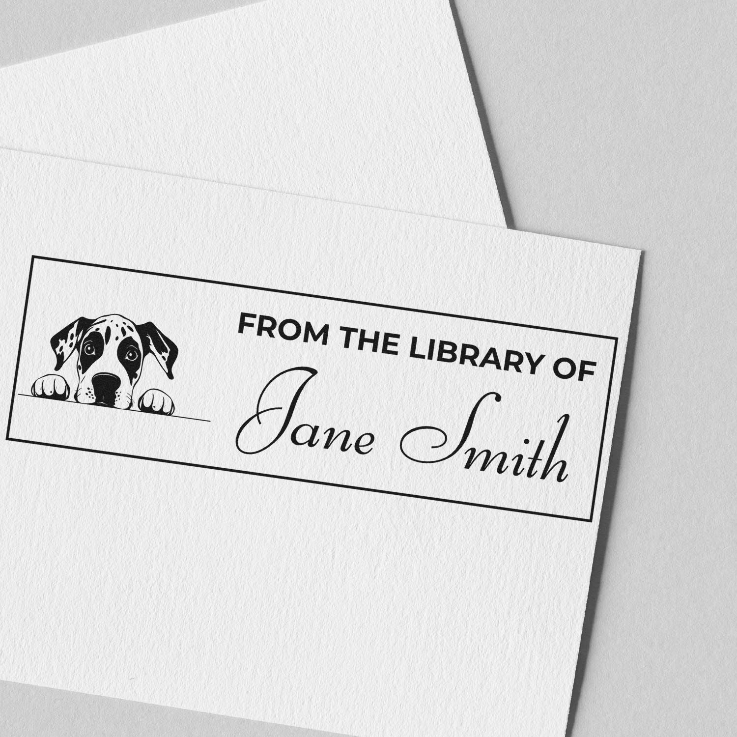 Custom dog library rubber stamp reading From the Library of Jane Smith for personalized bookplate labels.