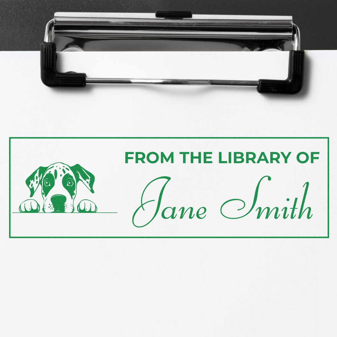 Custom dog library rubber stamp reading From the Library of Jane Smith for personalized bookplates and book ownership marking.