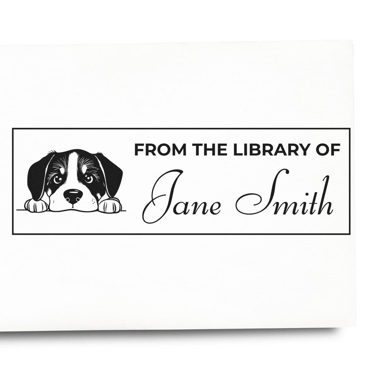 Personalized From the Library of Jane Smith rubber stamp with dog illustration for books, gifts, and book lovers.