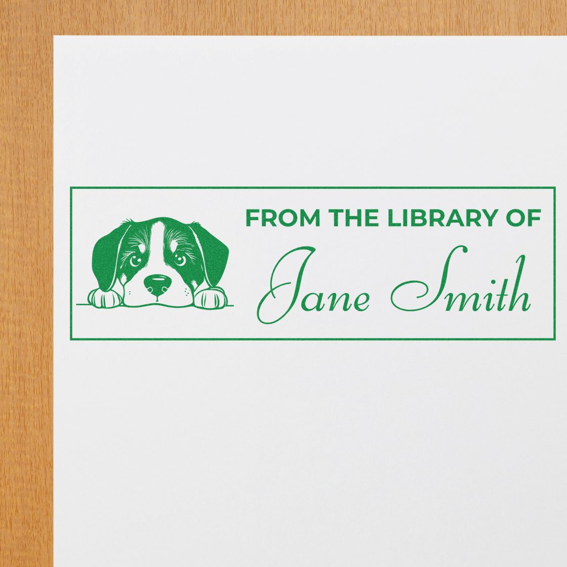 Personalized dog library rubber stamp with From the Library of Jane Smith for custom book labeling.