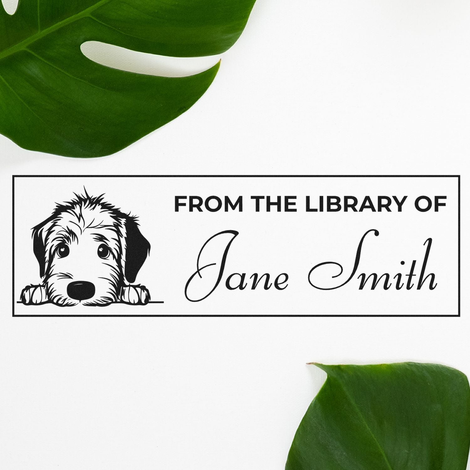 Personalized rubber stamp with dog illustration and From the Library of Jane Smith book label for custom library books.