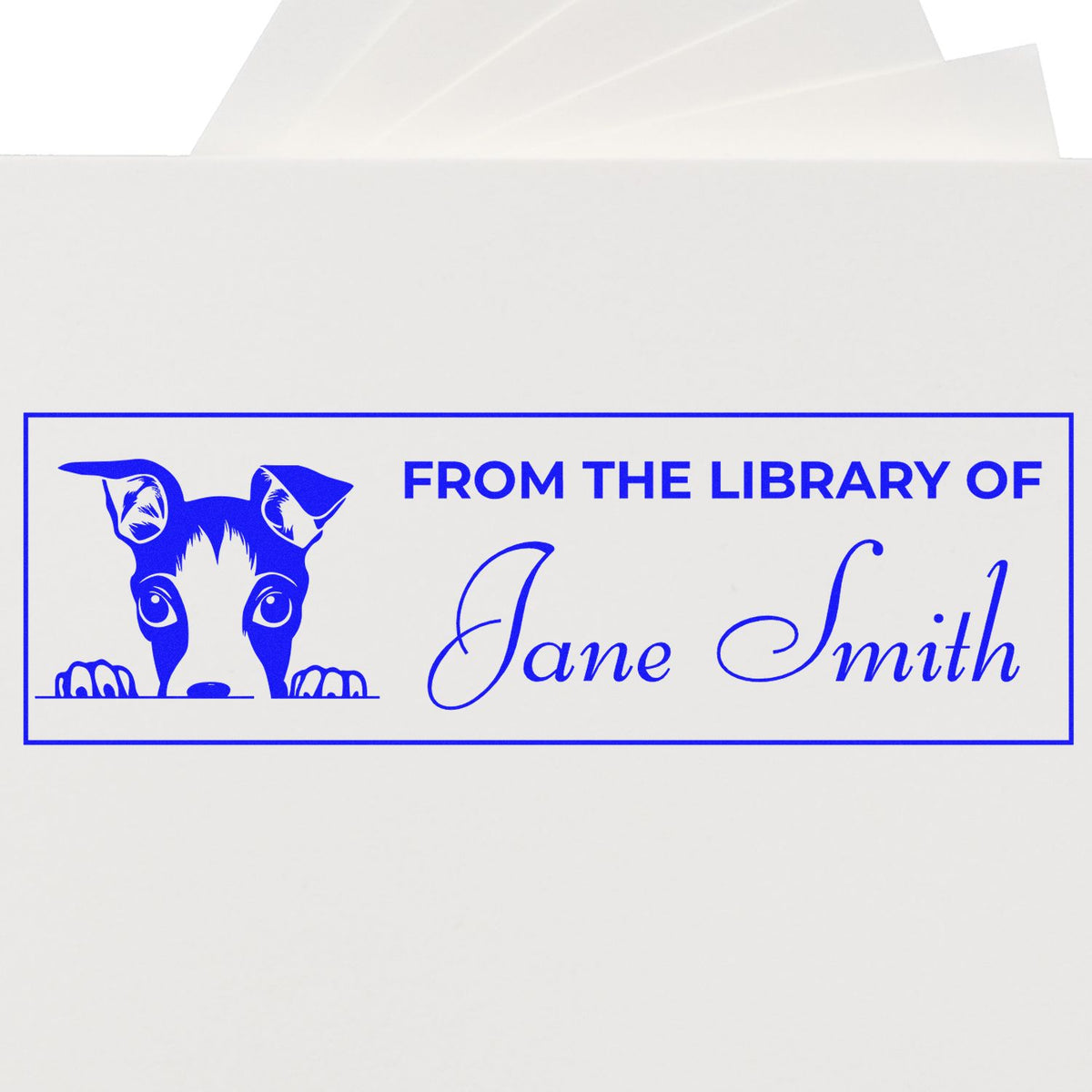 Custom rubber stamp with dog bookplate design reading From the Library of Jane Smith for personal library books.