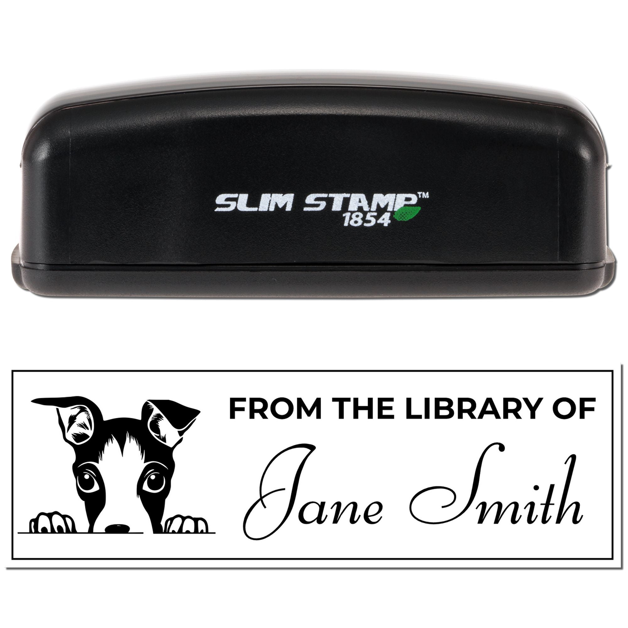 Custom self-inking rubber library stamp with dog graphic and From the Library of Jane Smith imprint.