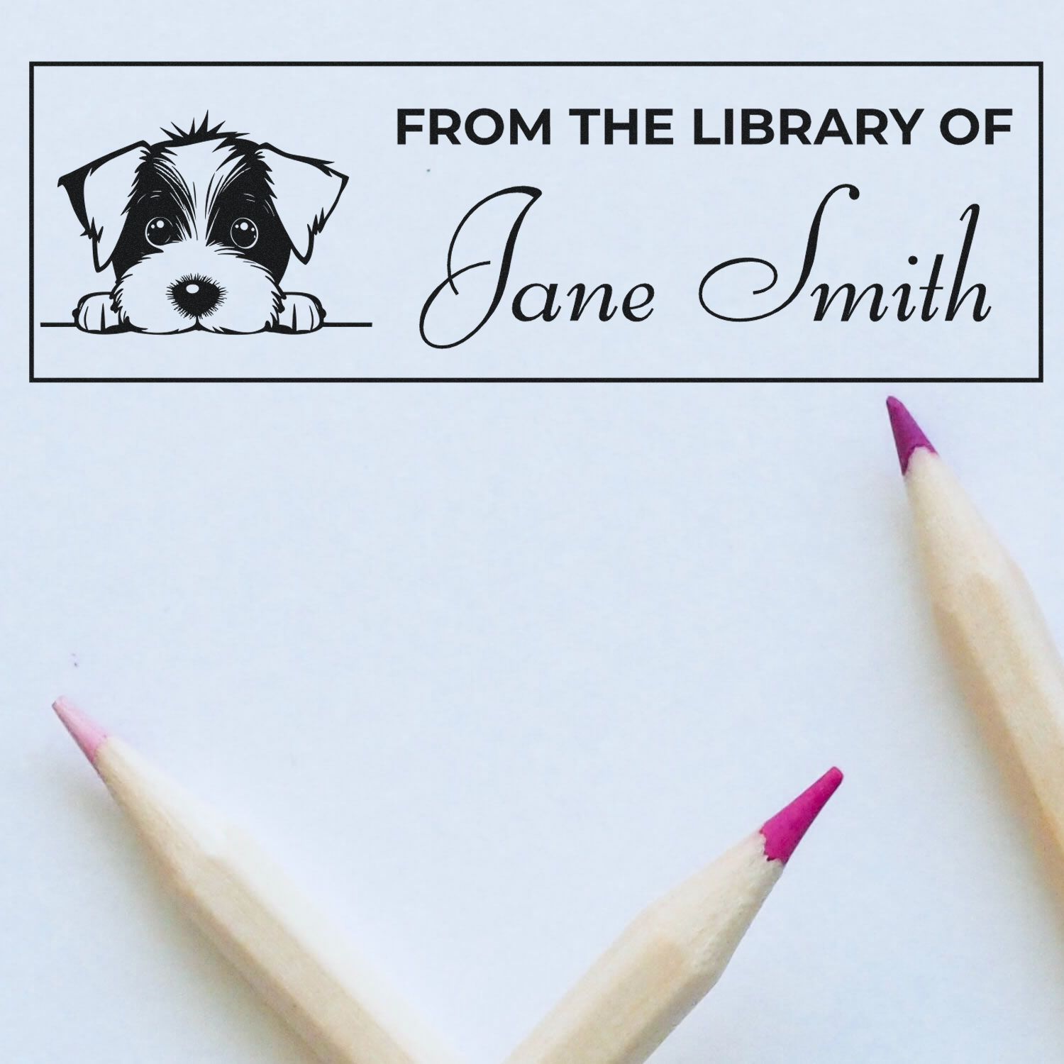 Custom dog library rubber stamp with From the Library of Jane Smith text for personalized book labeling.