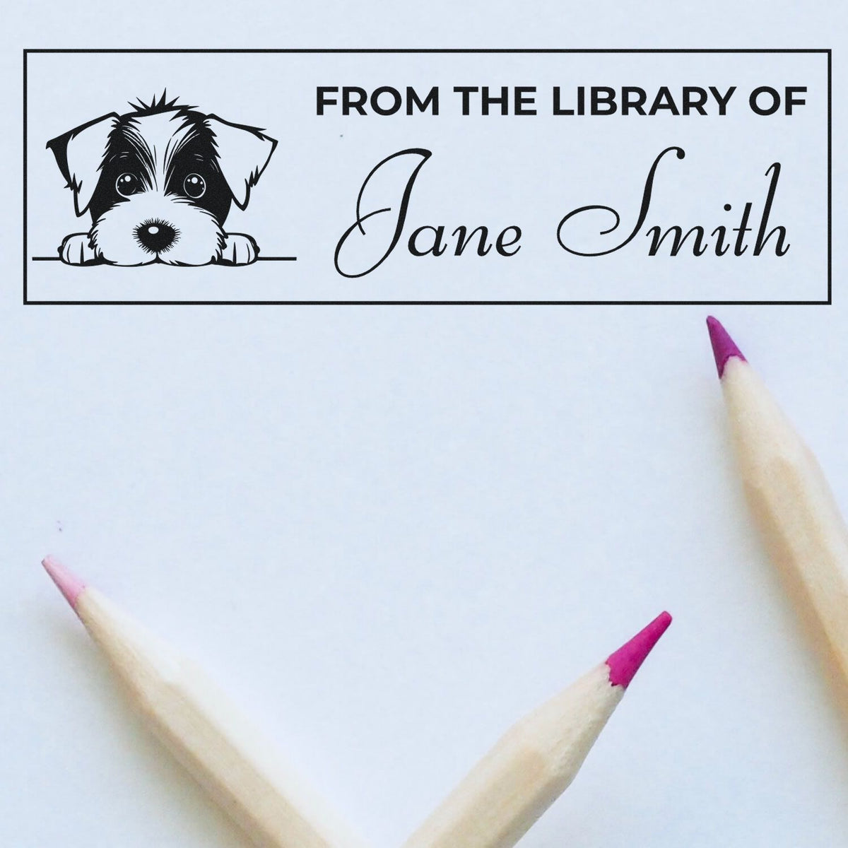 Personalized From the Library of rubber stamp with dog illustration and Jane Smith name for custom library book labeling.