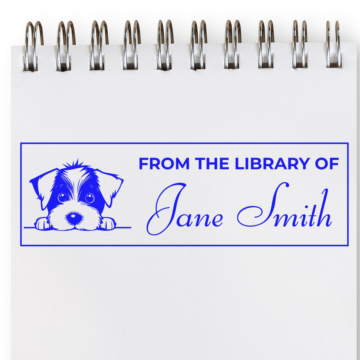 Custom ex libris rubber stamp with dog illustration and From the Library of Jane Smith for personal library books.