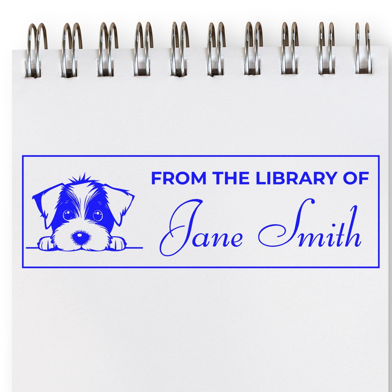 Custom dog bookplate rubber stamp reading From the Library of Jane Smith for personal book labels.