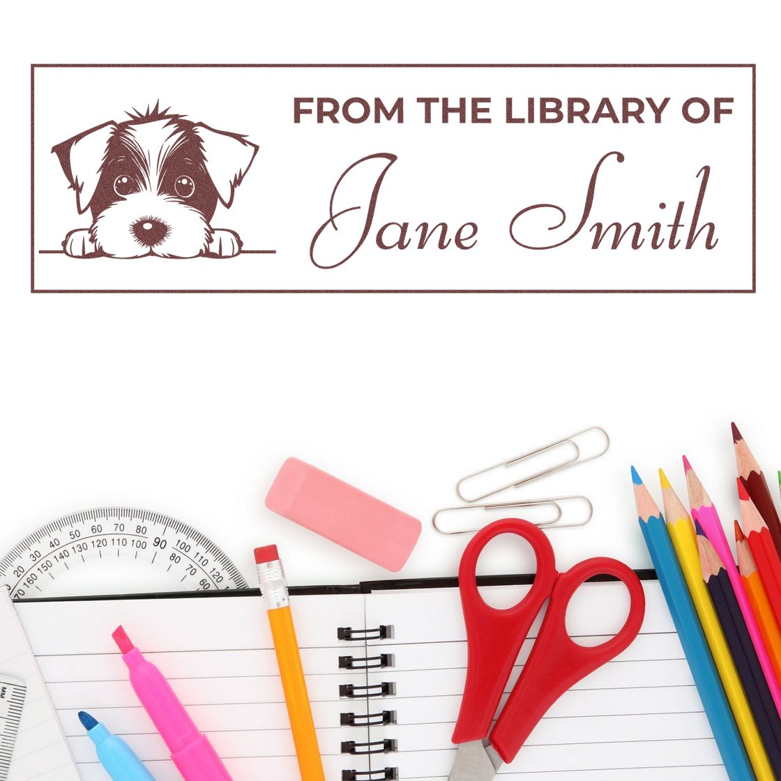 Personalized library rubber stamp with dog design and Jane Smith name for custom bookplates and gift stamping.