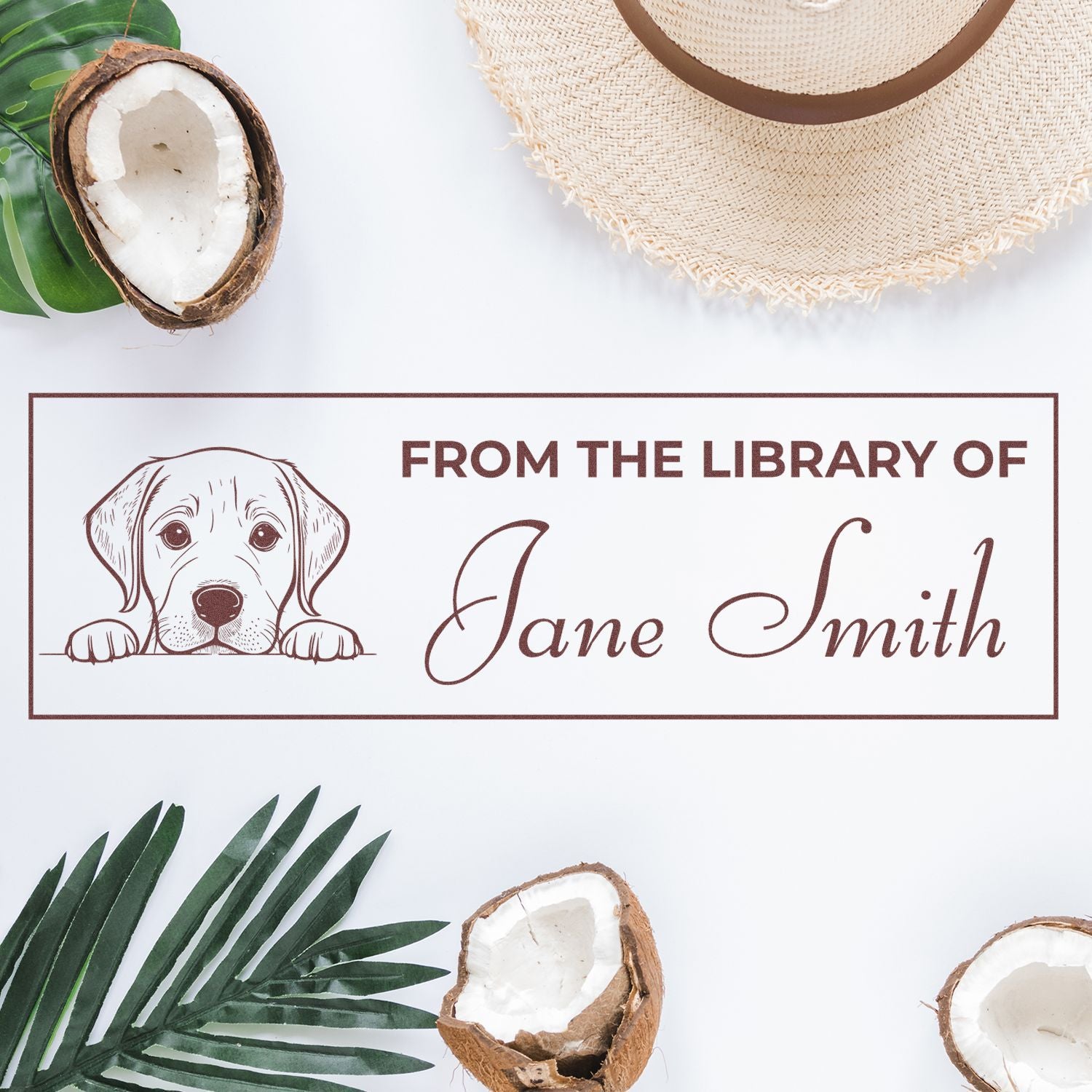 Personalized dog bookplate rubber stamp reading From the Library of Jane Smith for custom library books