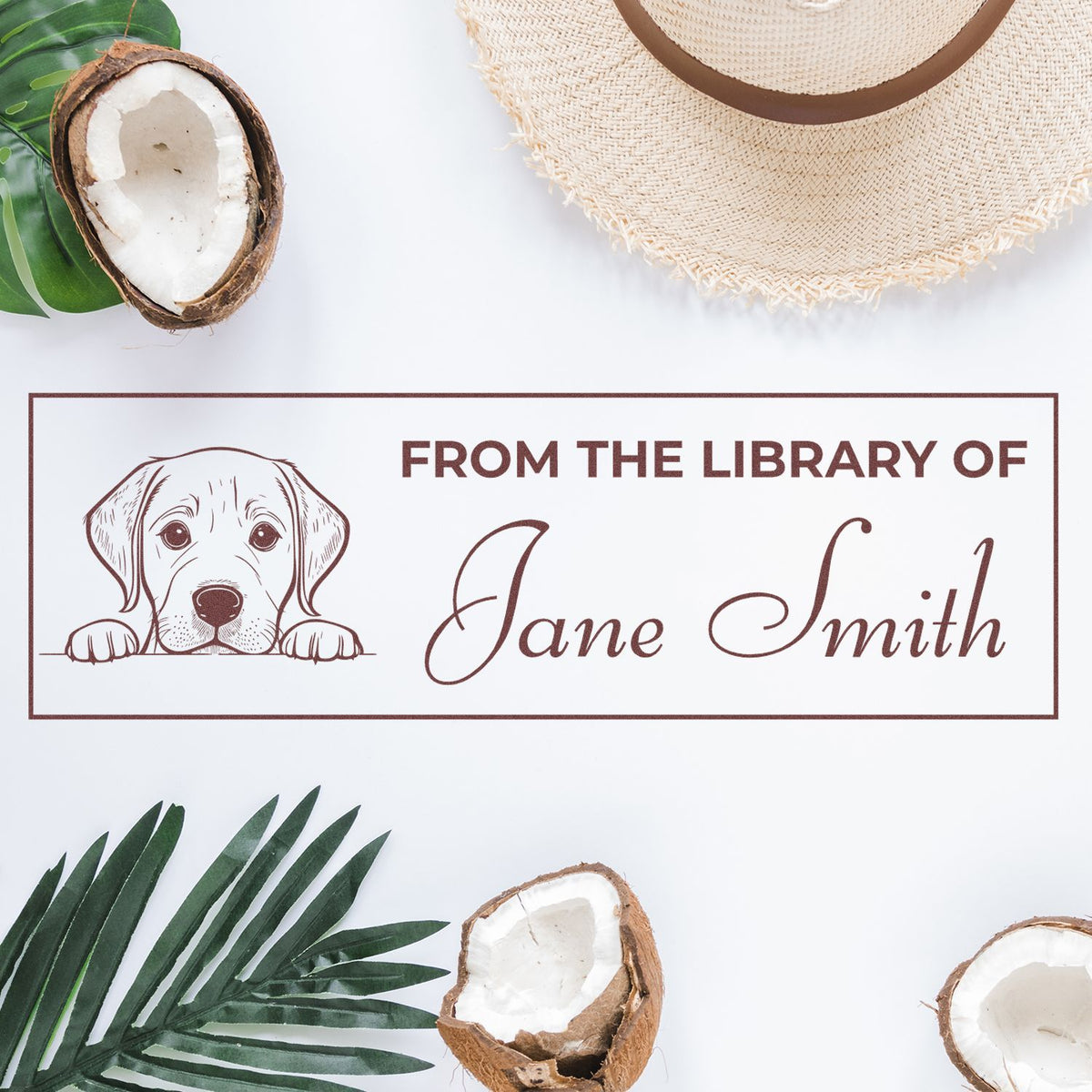 Personalized book rubber stamp with dog illustration and From the Library of Jane Smith text for custom library branding.