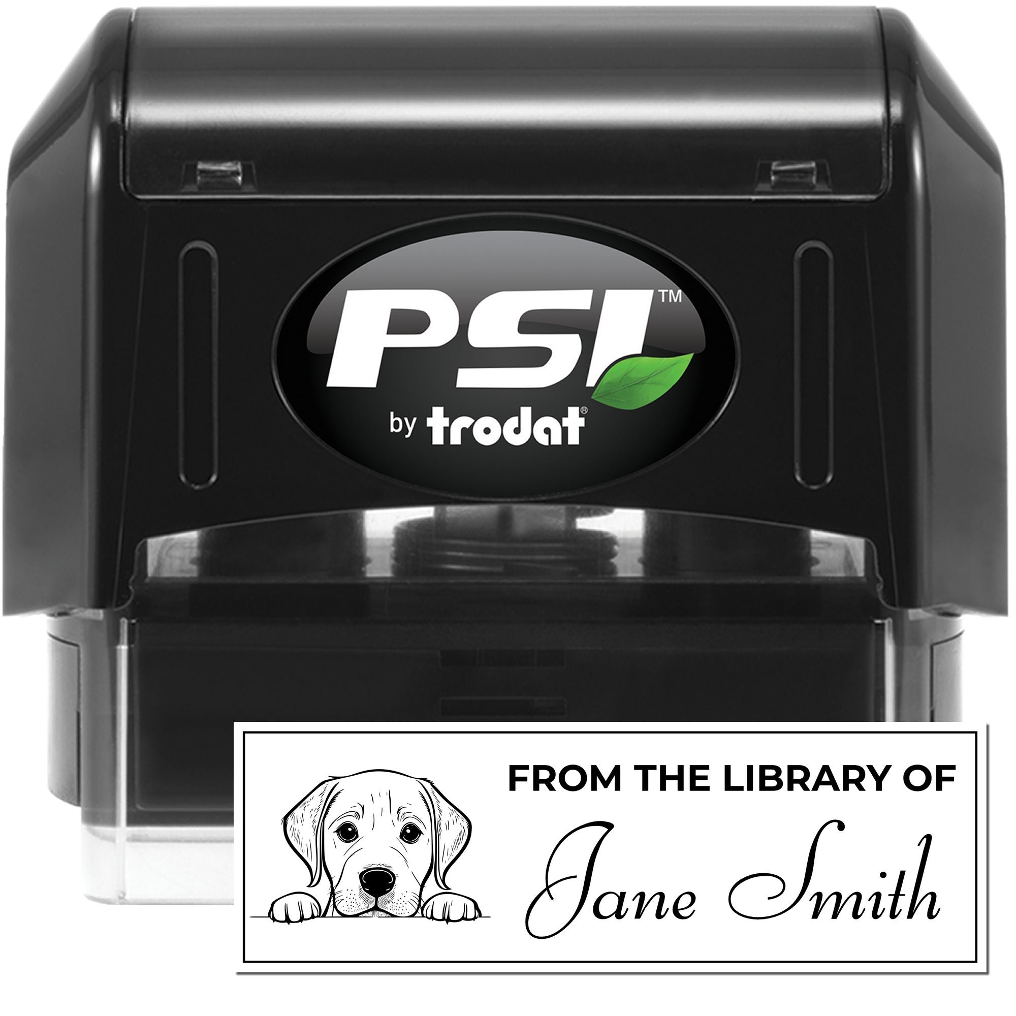Custom self-inking library rubber stamp with dog design and personalized From the Library of Jane Smith imprint.