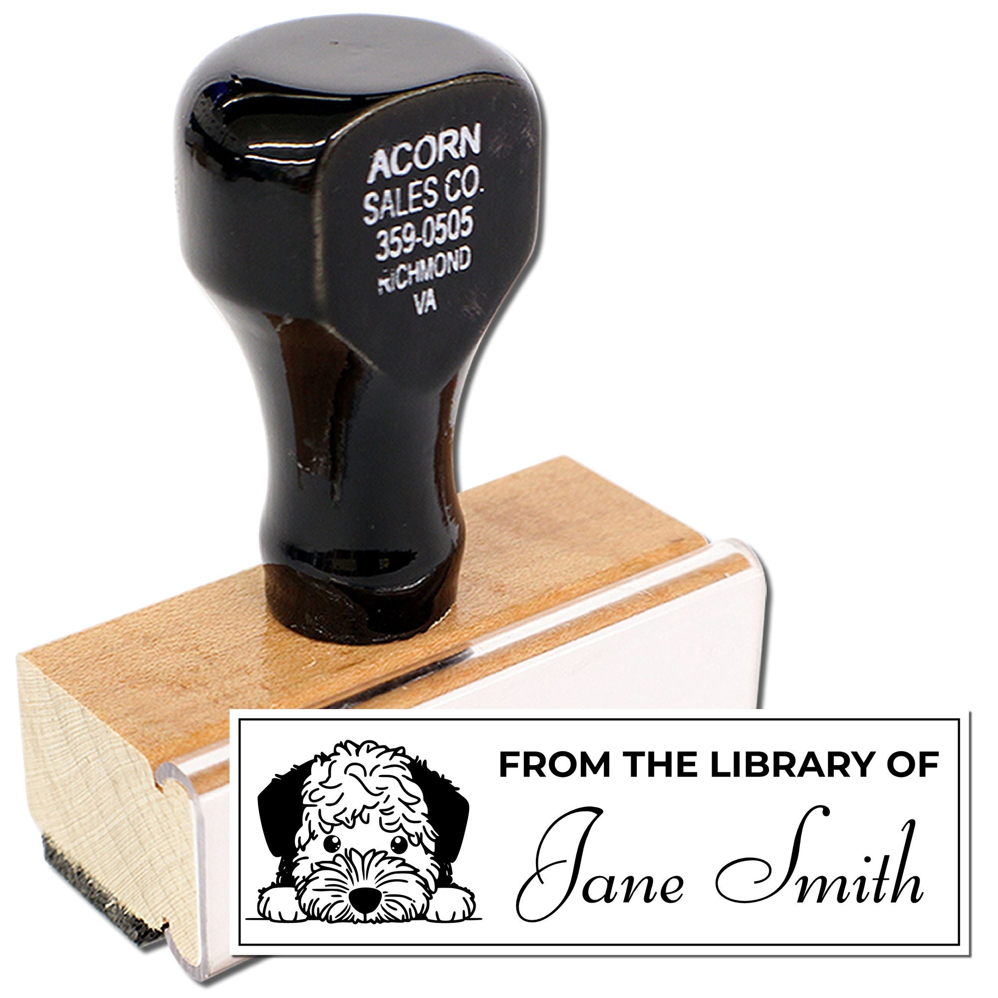 Personalized rubber stamp with wooden handle, featuring a custom From the Library of Jane Smith dog bookplate design.