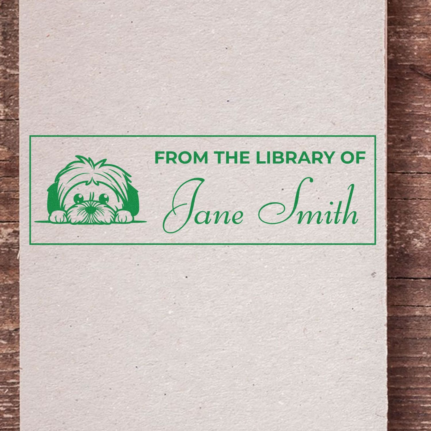 Personalized custom library stamp with dog illustration and From the Library of Jane Smith for books and stationery.