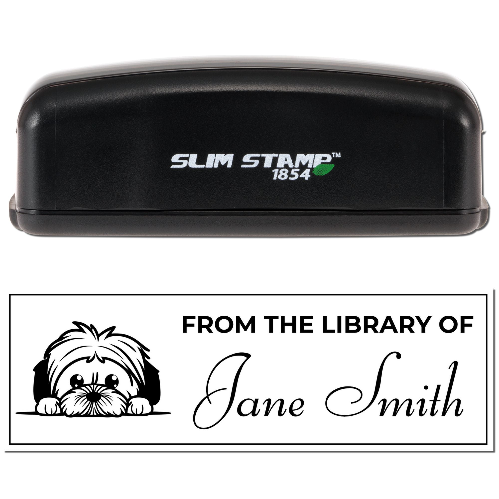 Slim Stamp 1854 self-inking custom book stamp with From the Library of Jane Smith dog design