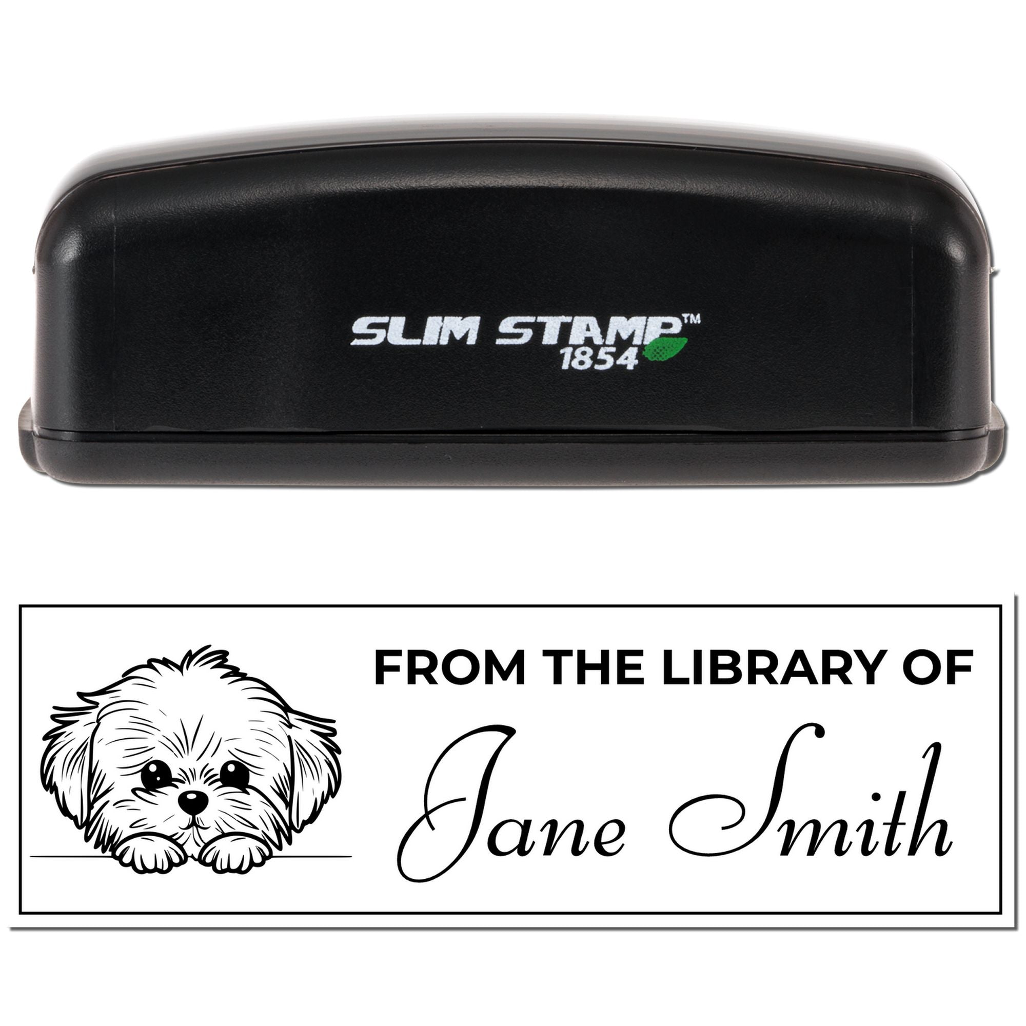 Slim Stamp custom rubber stamp with dog bookplate design and From the Library of Jane Smith text for personal library marking.