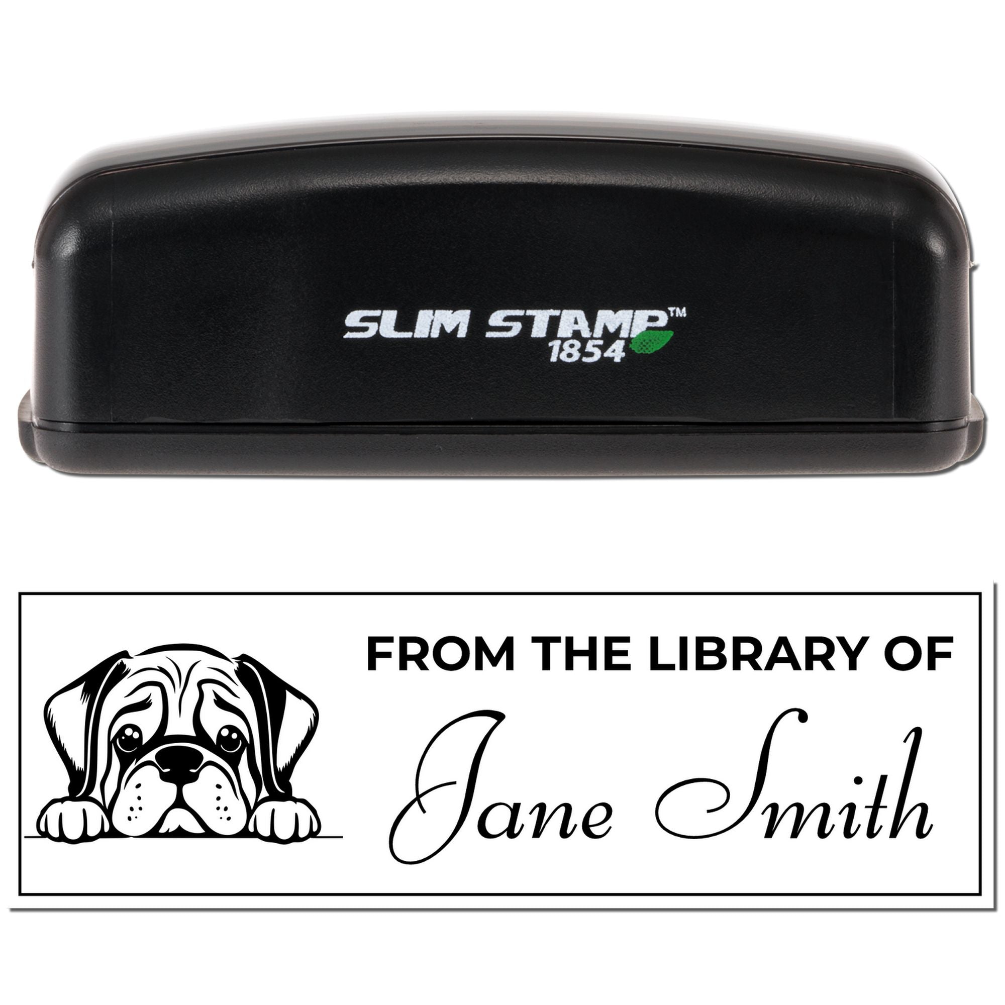 Custom Slim Stamp 1854 self-inking rubber stamp for books, featuring dog art and From the Library of Jane Smith.