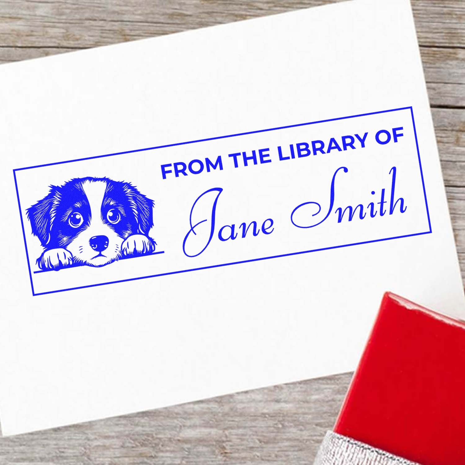 Custom dog rubber stamp with From the Library of Jane Smith for personalized book labeling and lending.