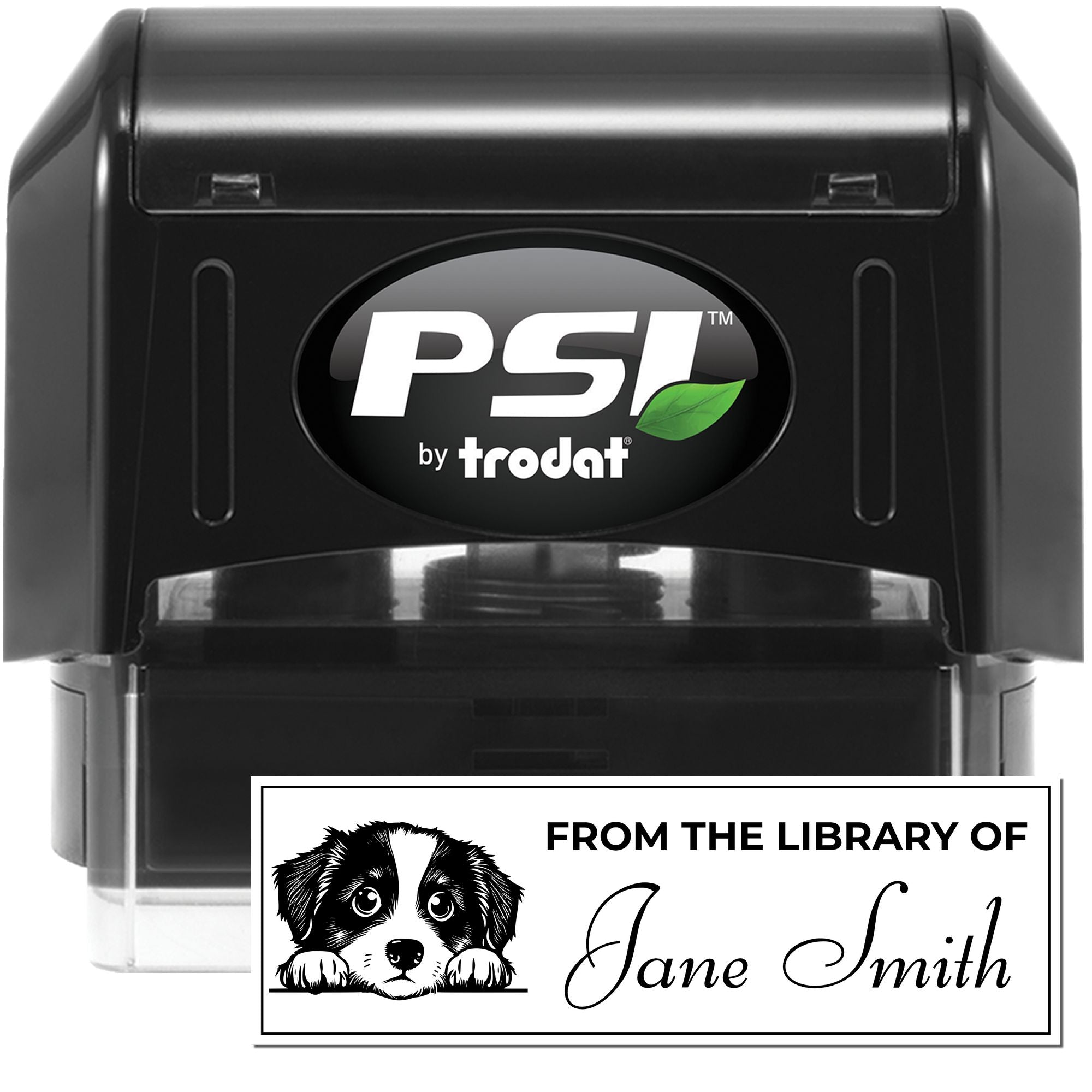Custom PSI by Trodat self-inking rubber stamp with personalized From the Library of Jane Smith book stamp design.
