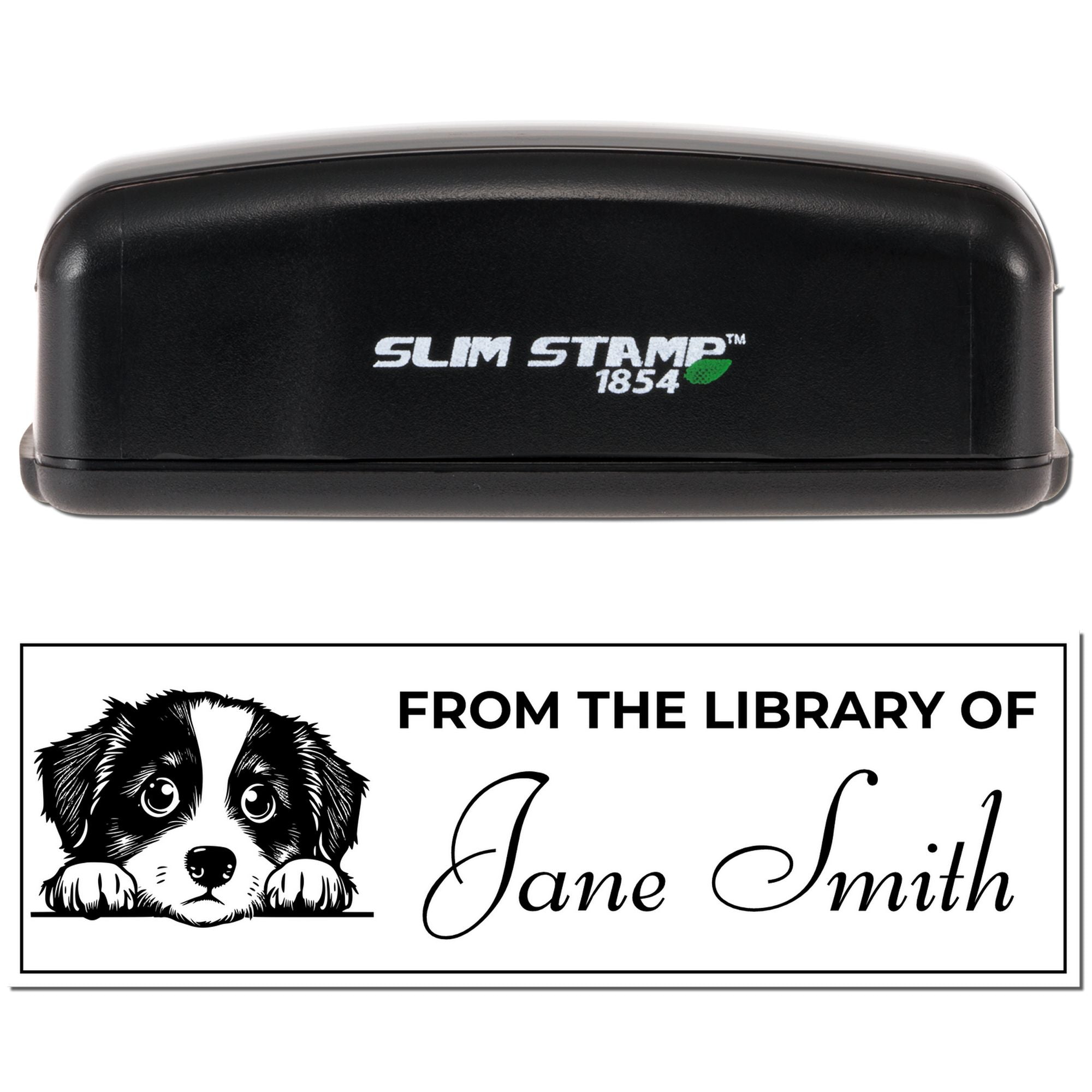 Slim Stamp 1854 custom library rubber stamp with dog design and Jane Smith name.