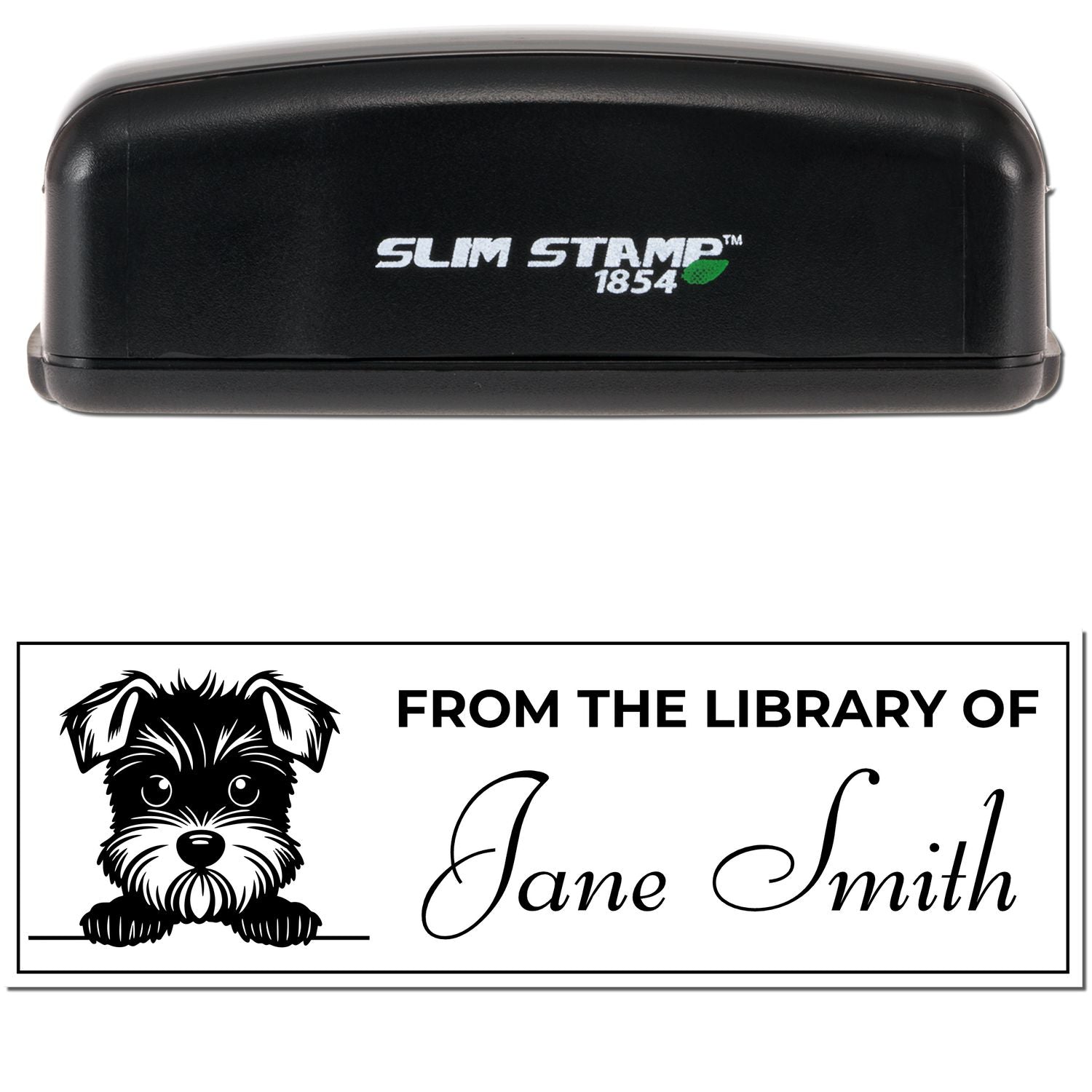 Custom Slim Stamp 1854 rubber stamp with dog artwork and From the Library of Jane Smith personalized return address design