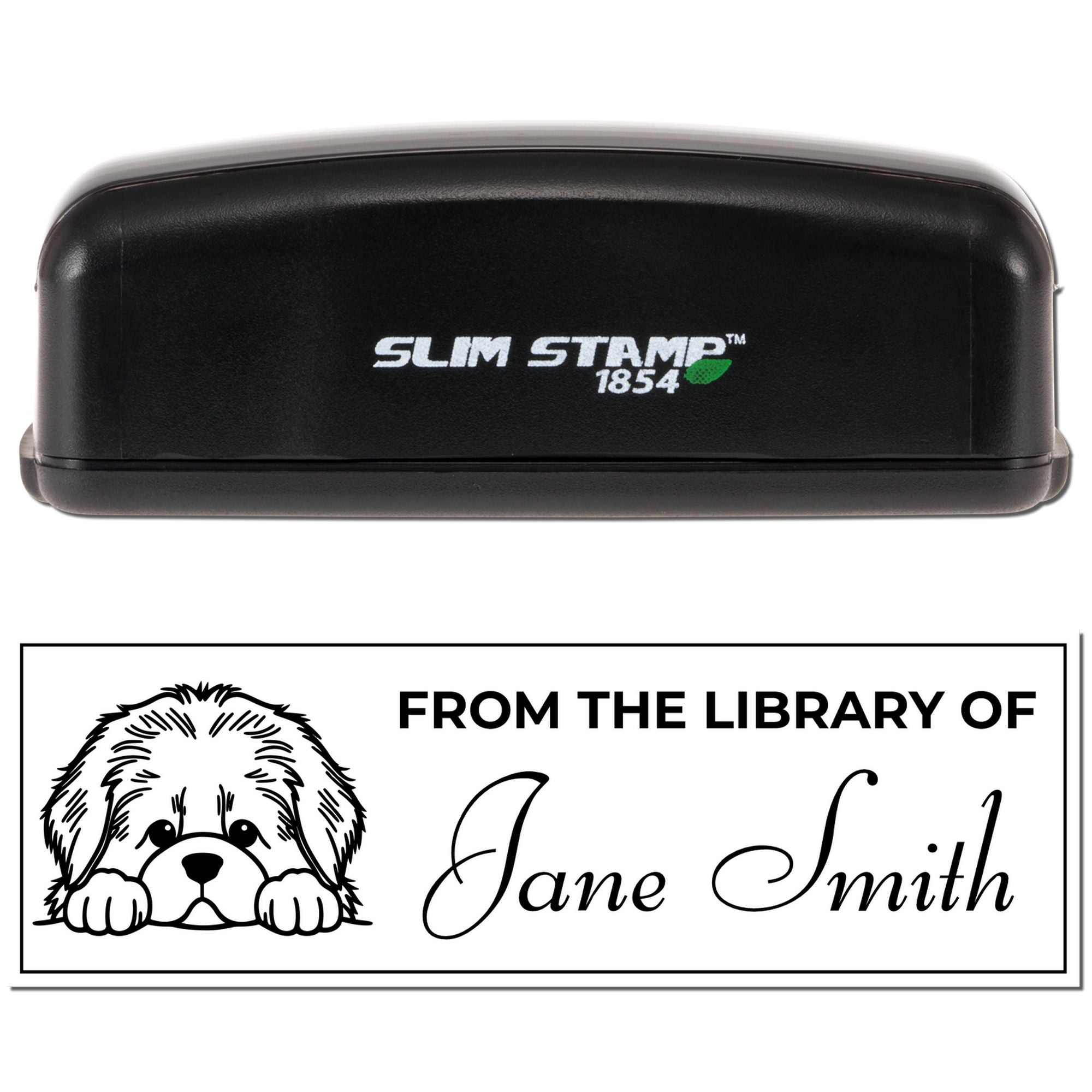 Slim Stamp 1854 custom self-inking library rubber stamp with dog design and personalized From the Library of Jane Smith imprint.