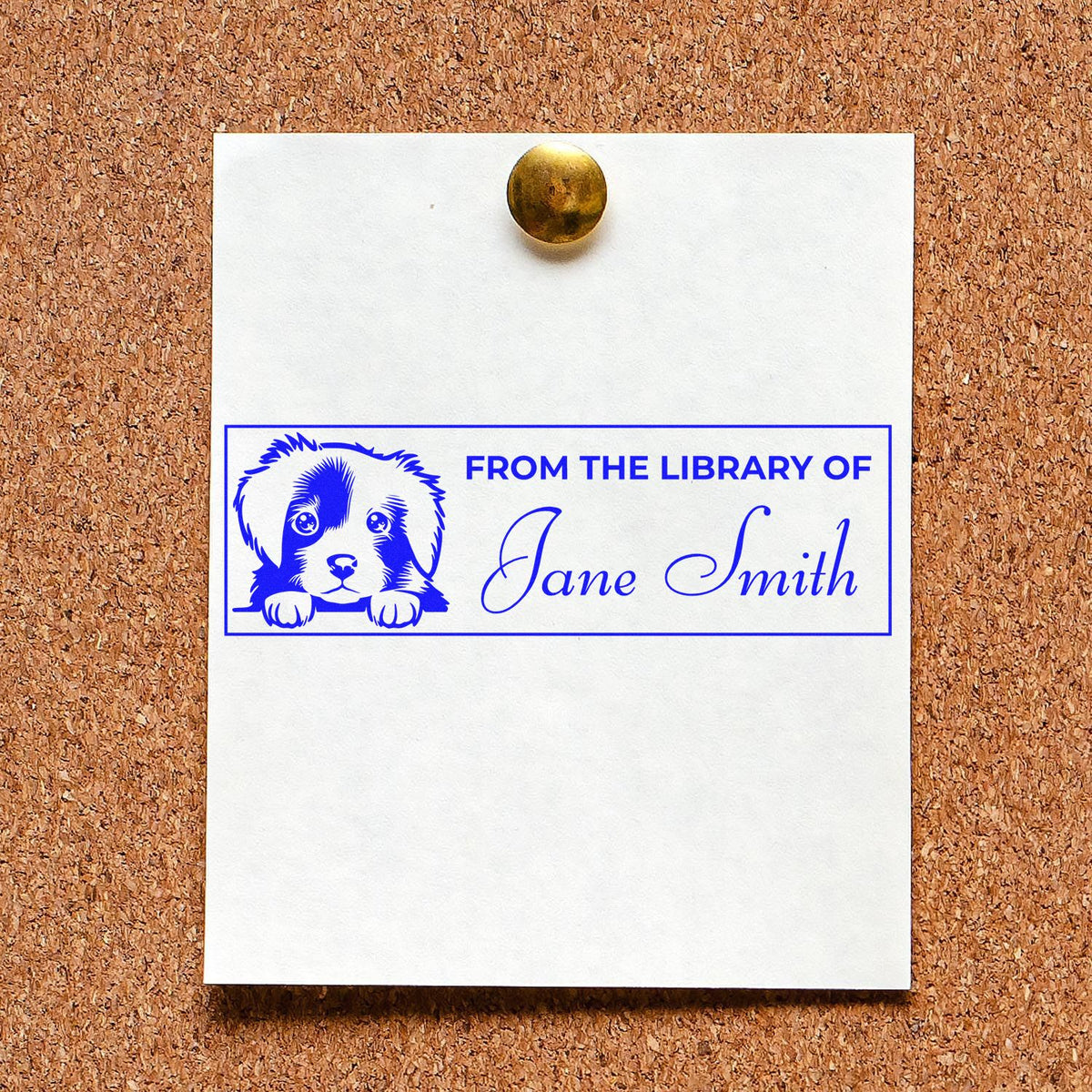 Custom rubber stamp bookplate with puppy design and From the Library of Jane Smith text for personal library marking.