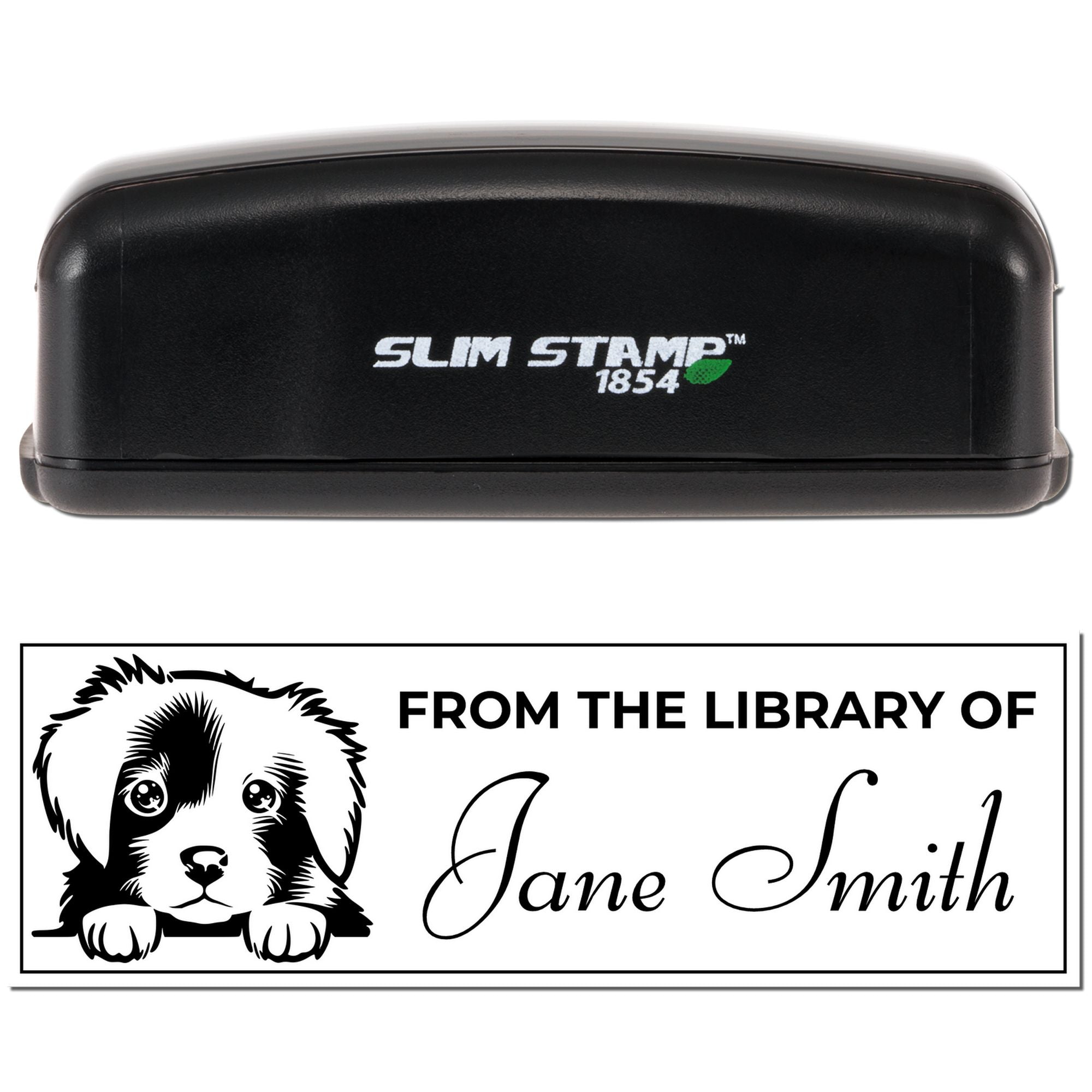 Custom library rubber stamp with puppy design and From the Library of Jane Smith imprint, shown in Slim Stamp 1854 case.
