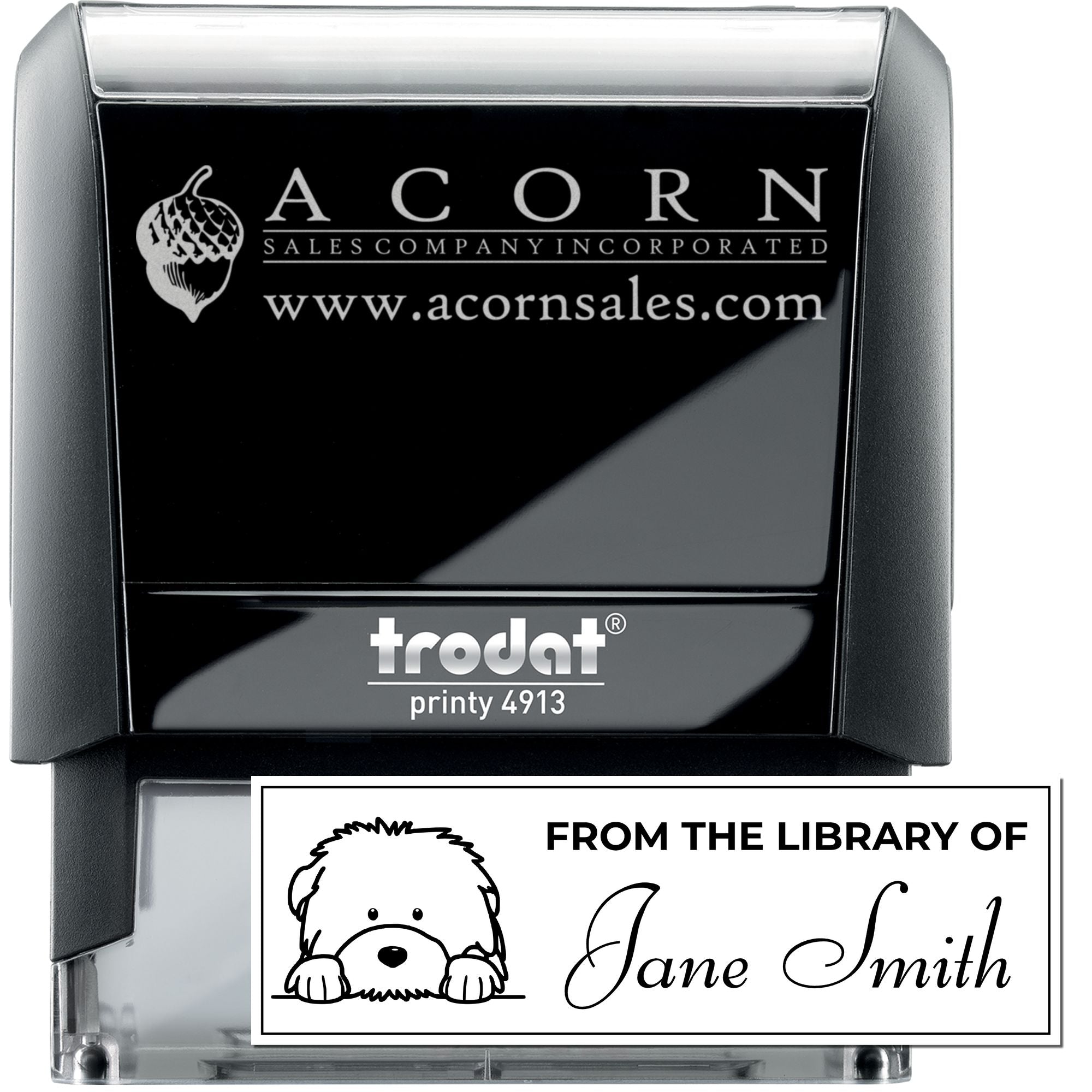 Custom self-inking rubber stamp, Trodat Printy 4913, with business logo and personalized library stamp design