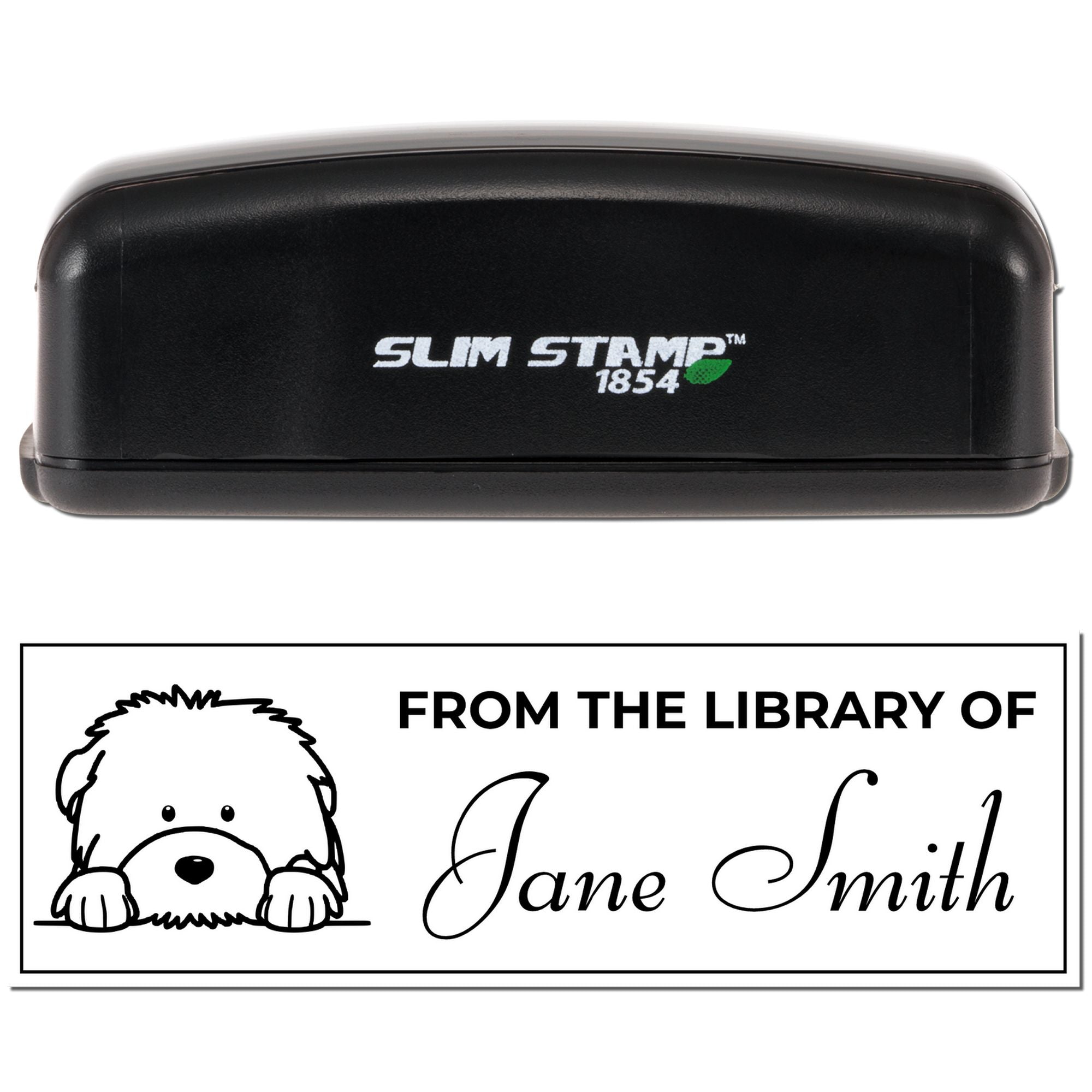 Slim Stamp 1854 self-inking custom rubber stamp with dog From the Library of Jane Smith bookplate.