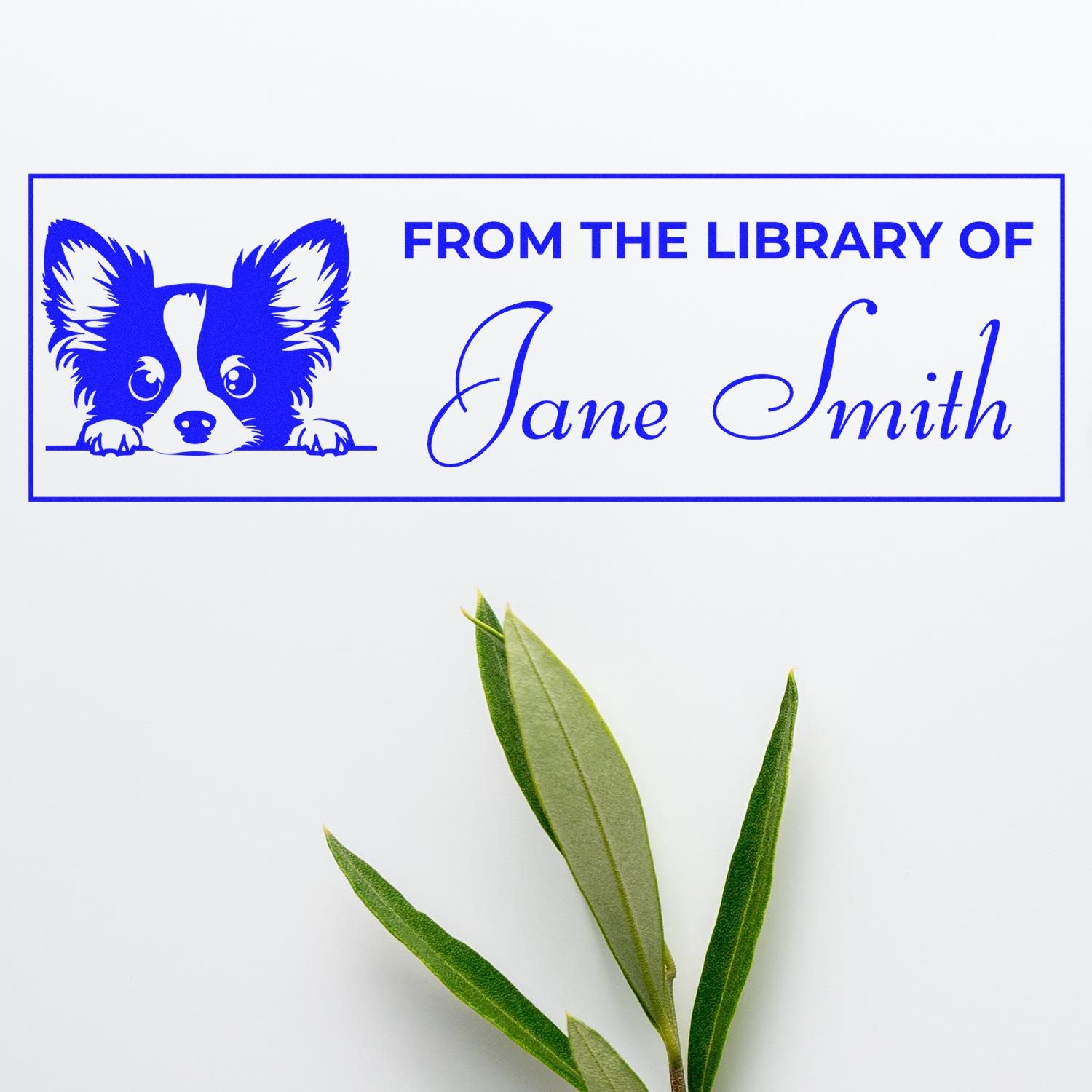 Custom dog ex libris rubber stamp with From the Library of Jane Smith for personalized book labeling.